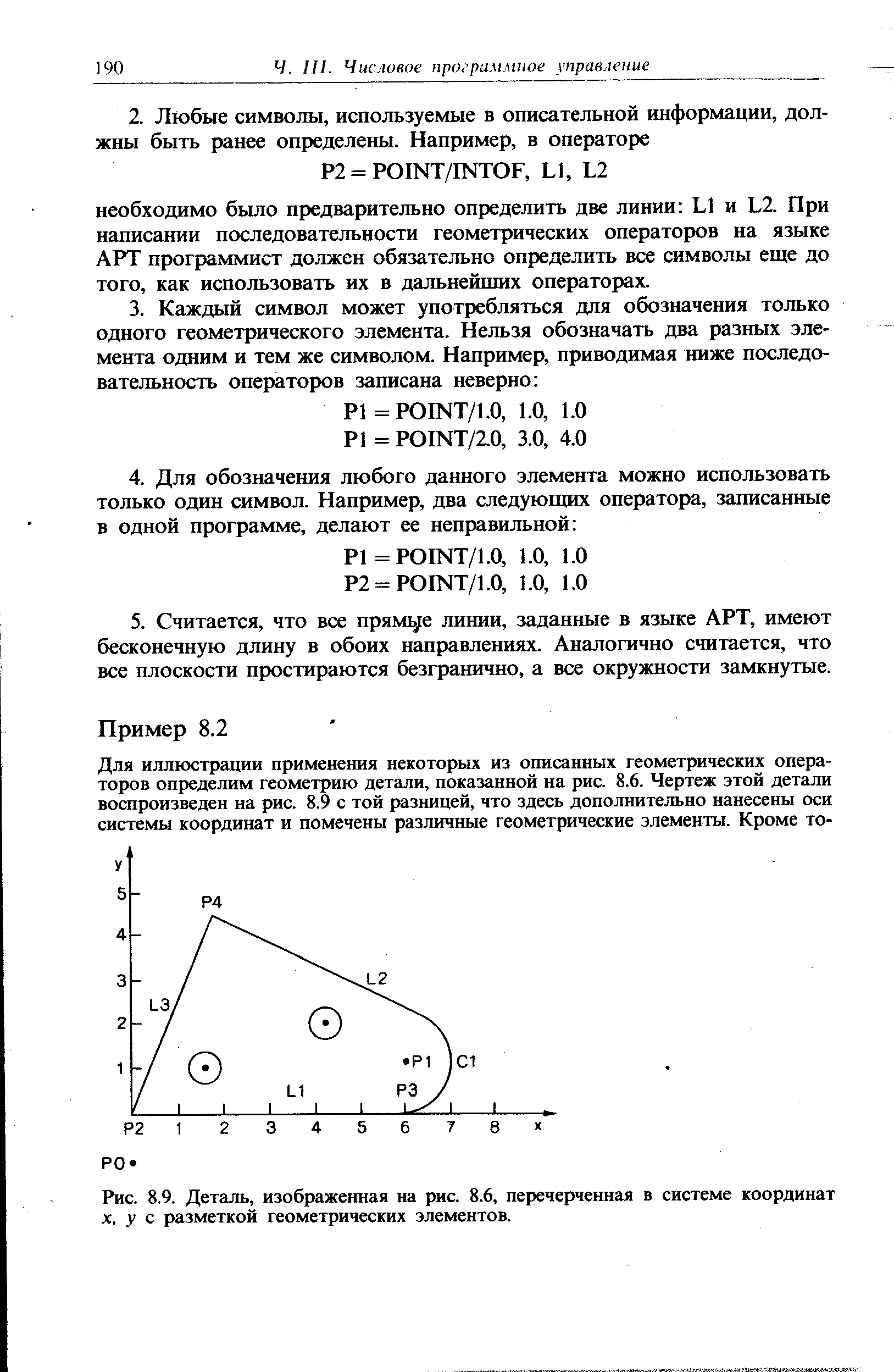 Рис. 8.9, Деталь, изображенная на рис. 8.6, перечерченная в <a href="/info/9040">системе координат</a> X, у с разметкой геометрических элементов.
