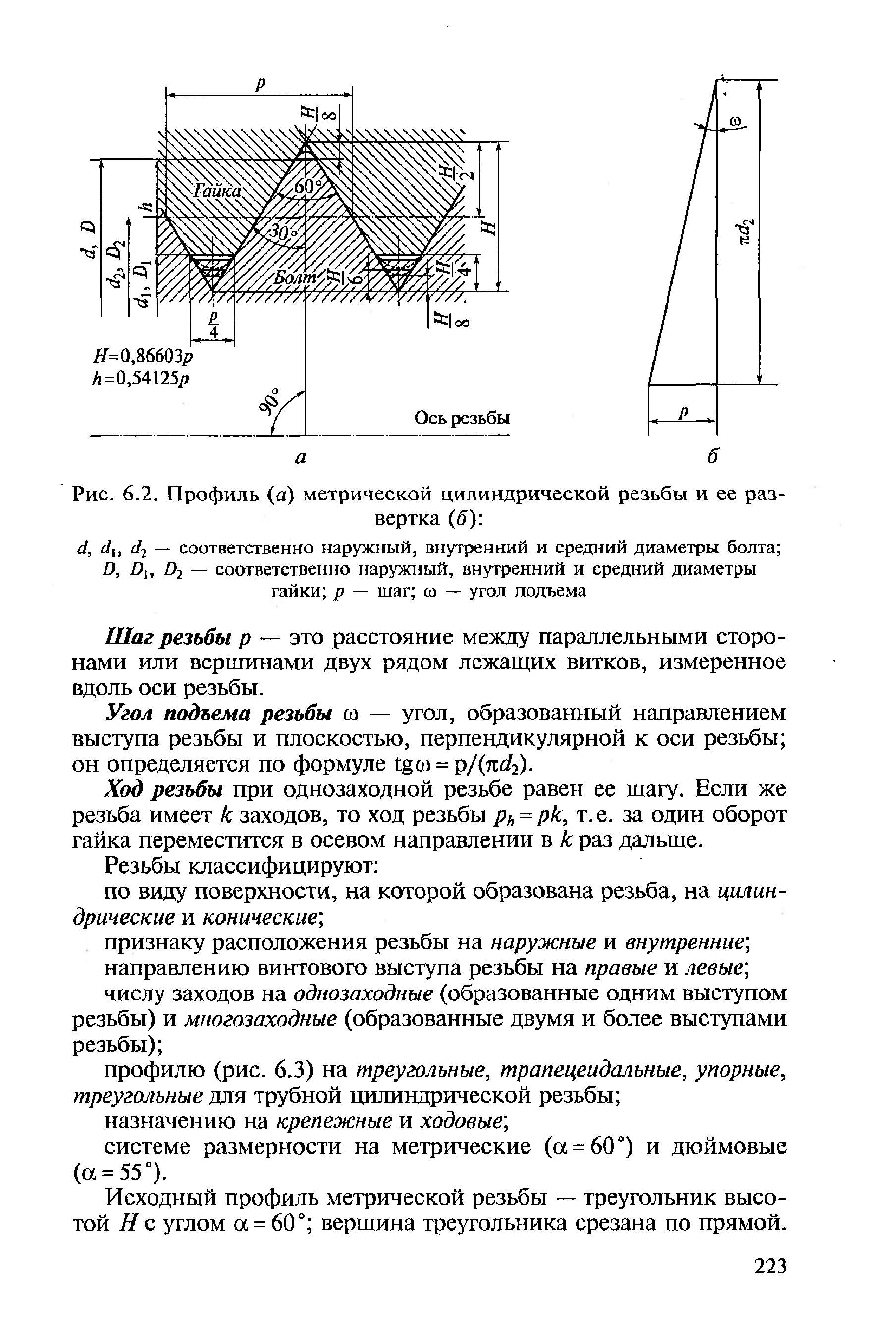 Рис. 6.2. Профиль (а) метрической цилиндрической резьбы и ее развертка (б) 
