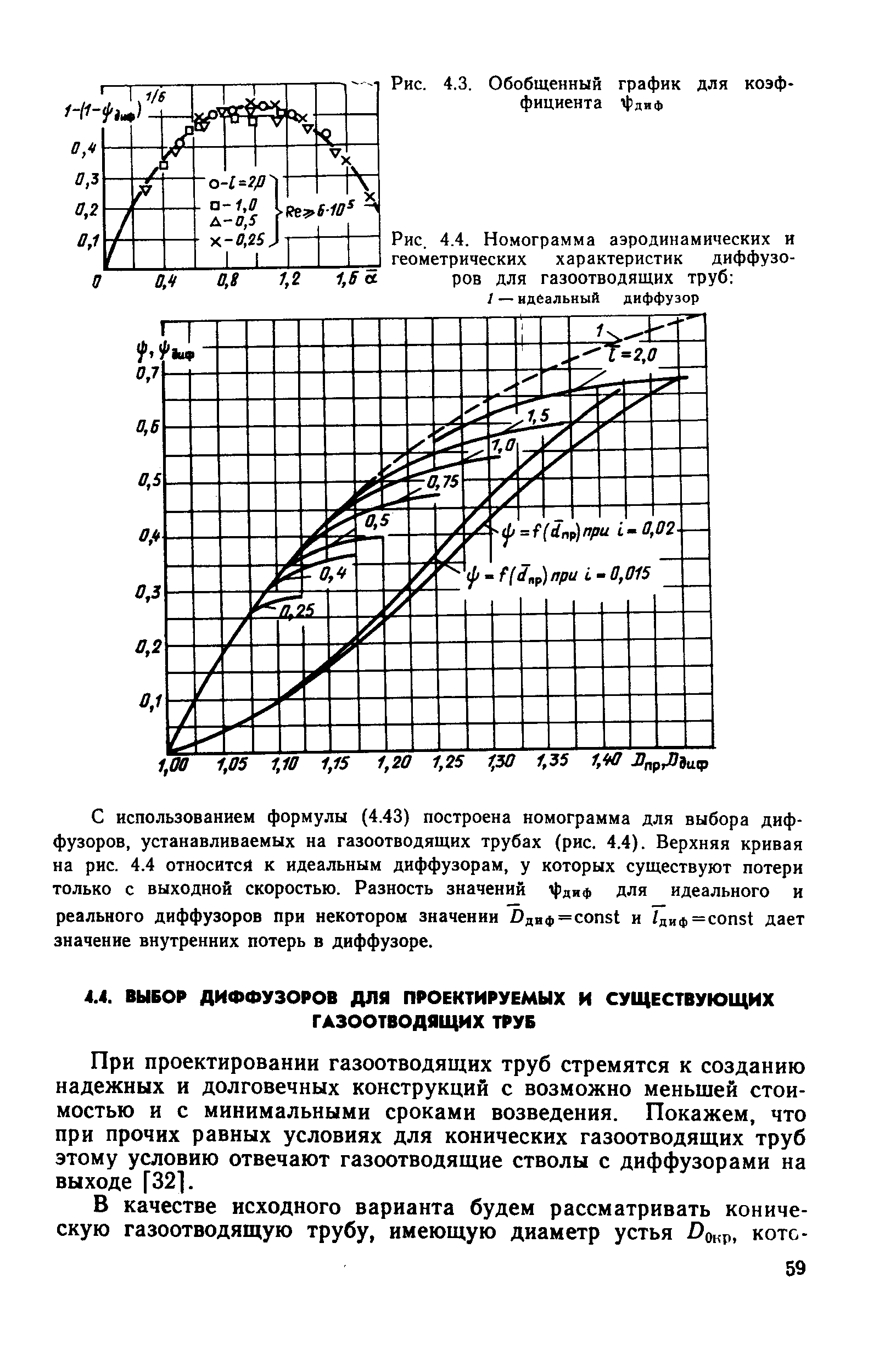 Рис. 4.4. Номограмма аэродинамических и <a href="/info/406748">геометрических характеристик диффузоров</a> для газоотводящих труб 
