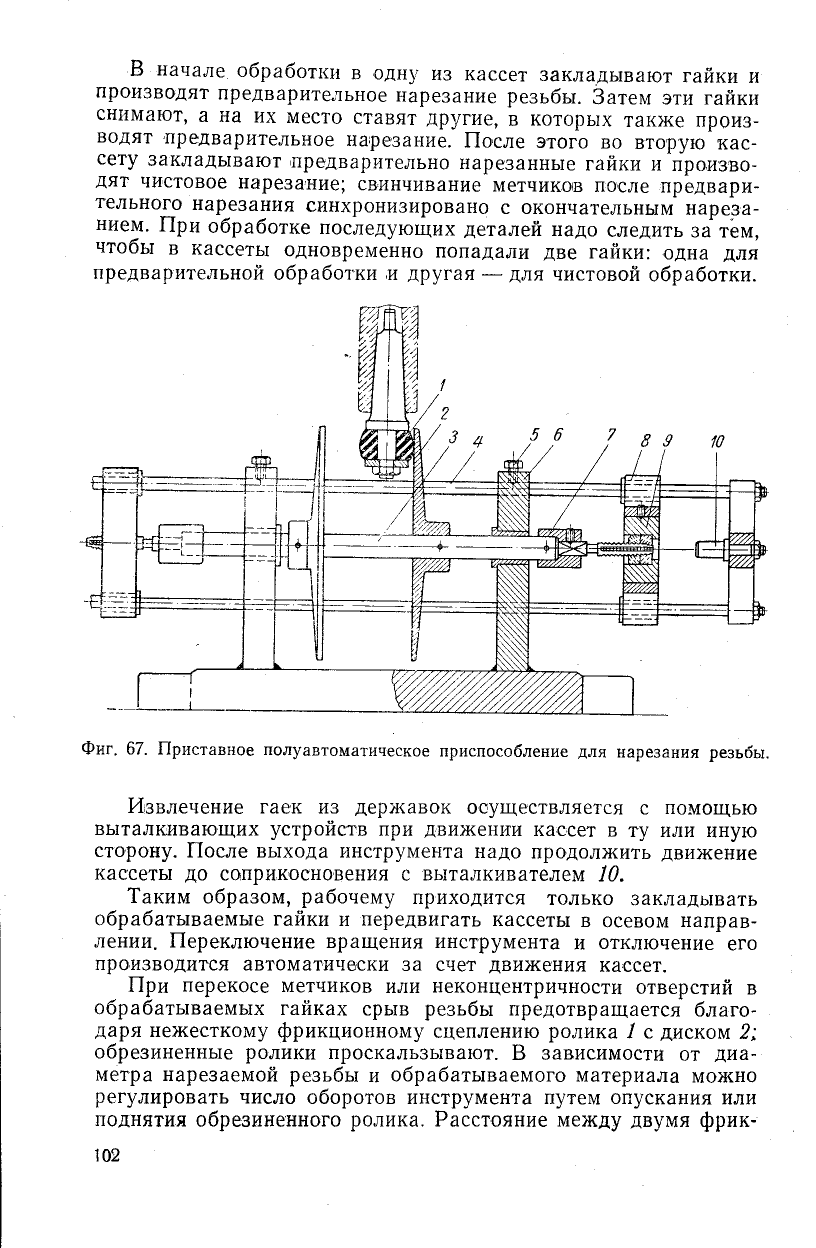 Фиг. 67. Приставное полуавтоматическое приспособление для нарезания резьбы.
