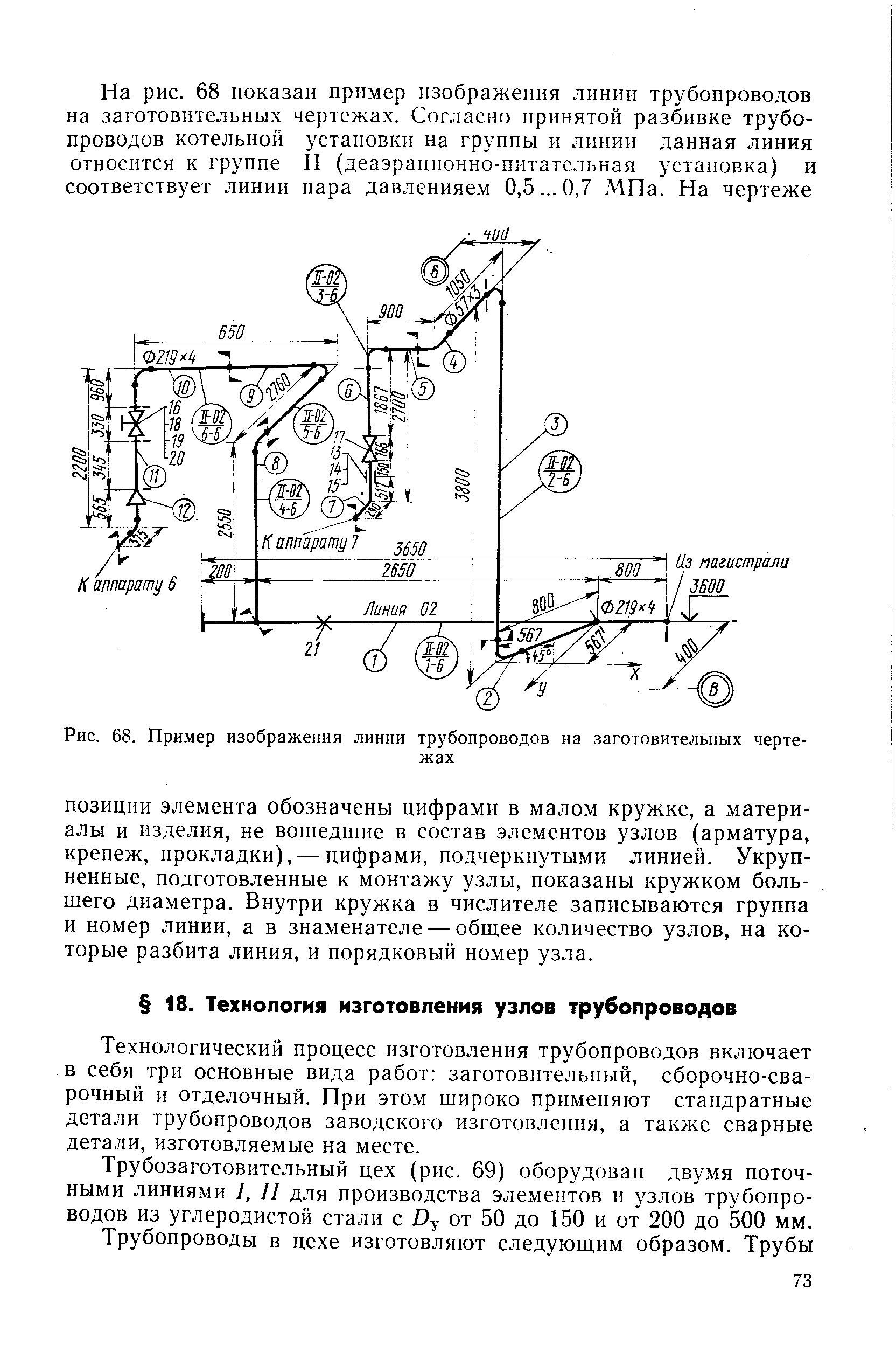 Рис. 68. Пример изображения линии трубопроводов на заготовительных чертежах
