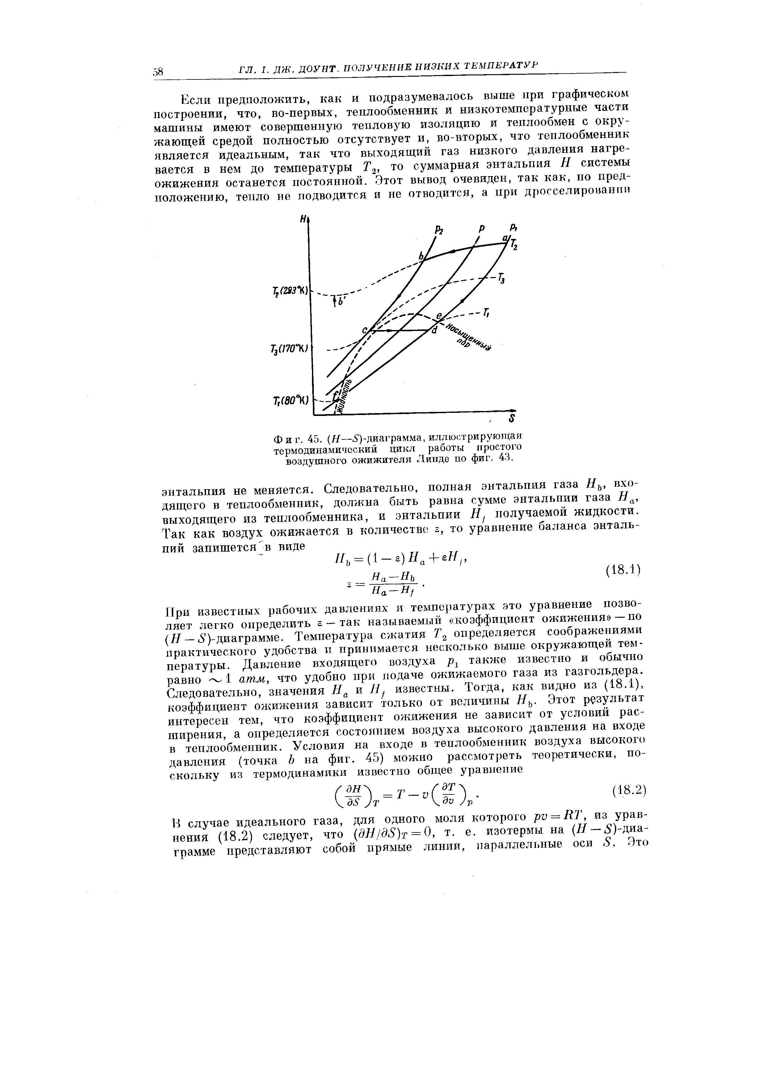 Фиг. 45. (Я— )-диаграмма, иллюстрирующая <a href="/info/19066">термодинамический цикл</a> работы простого воздушного ожижителя Лииде по фиг. 4.3.
