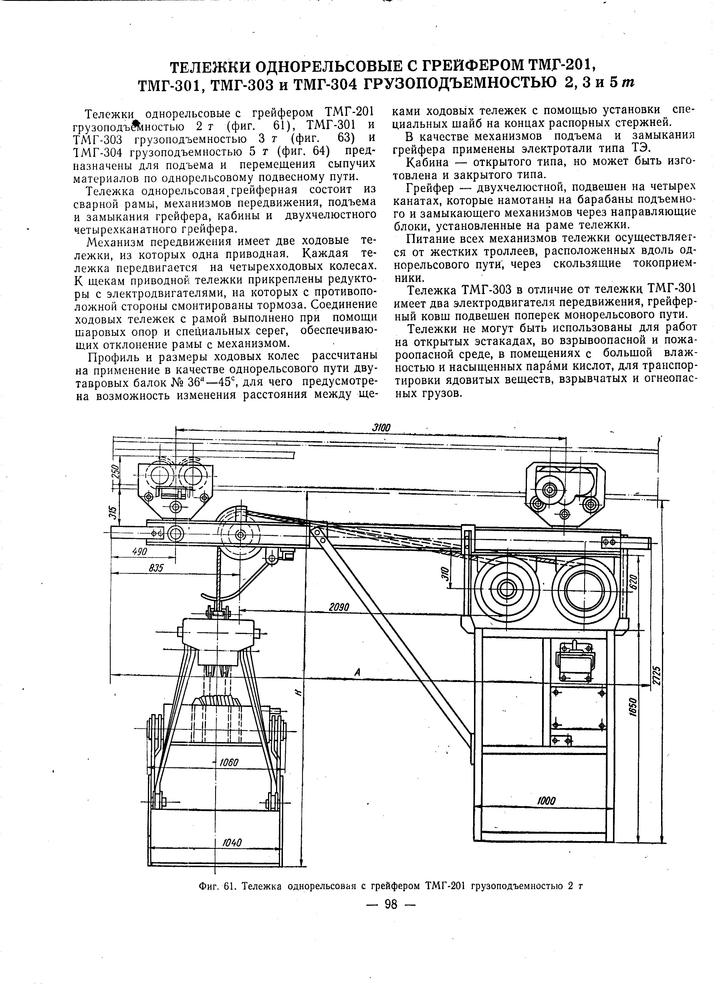 Фиг. 61. Тележка однорельсовая с грейфером ТМГ-201 грузоподъемностью 2 т
