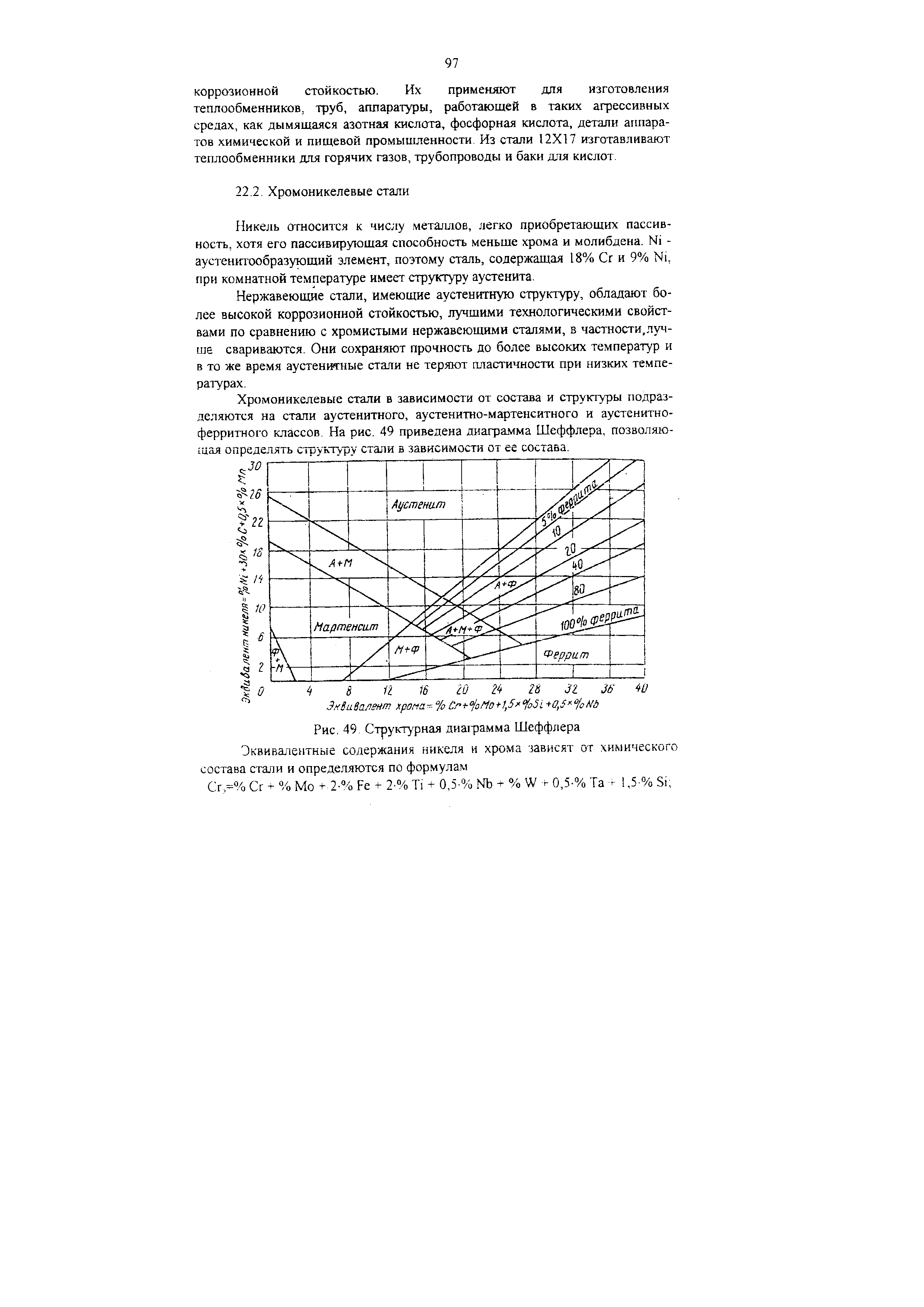 Рис. 49 Структурная диаграмма Шеффлера Эквиваитентные содержания никеля и хрома зависят от химического состава стали и определяются по формулам

