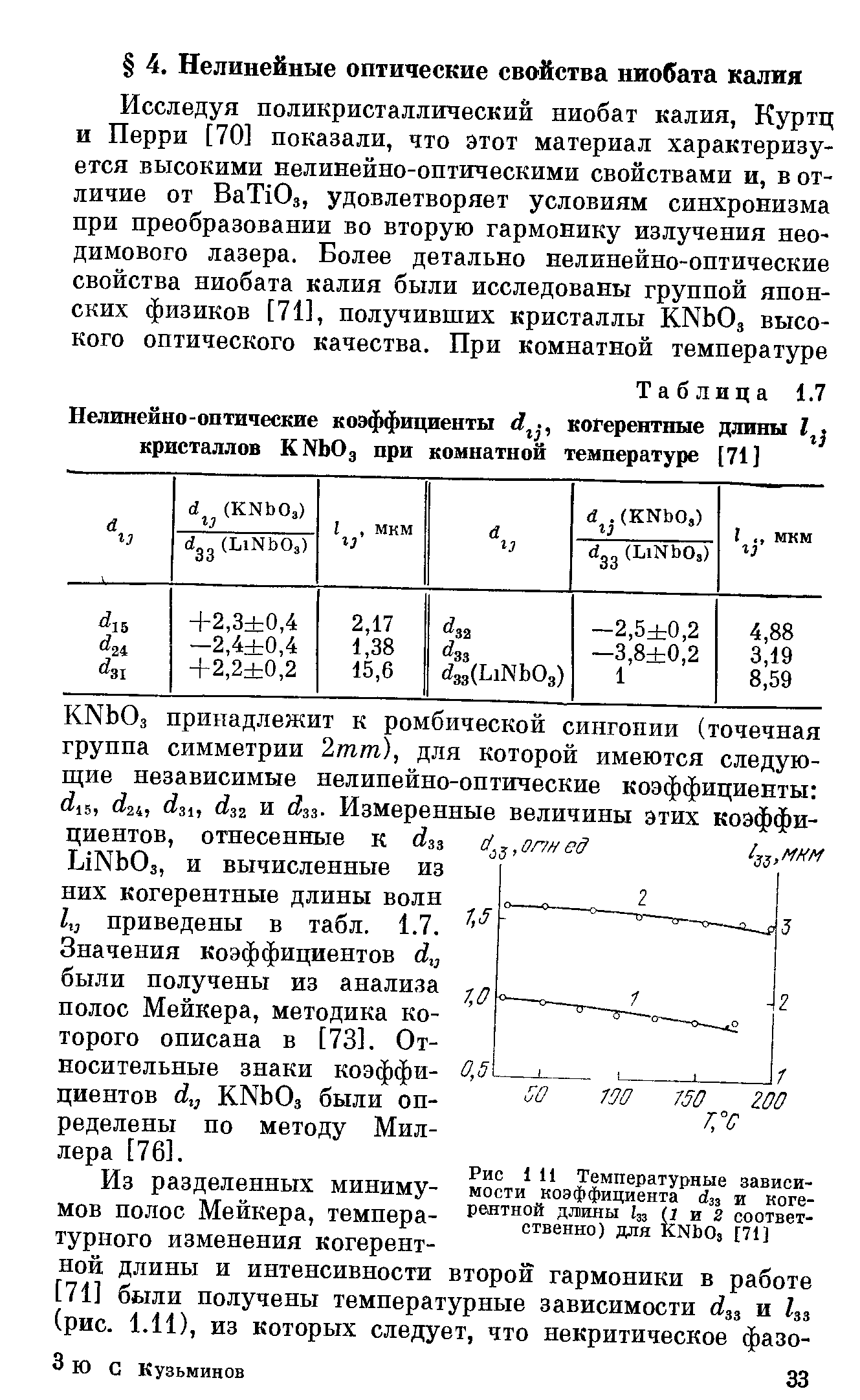 Таблица 1.7 Нелинейно-оптические коэффициенты d ., когерентные длины кристаллов ККЬОз при комнатной температуре [71]
