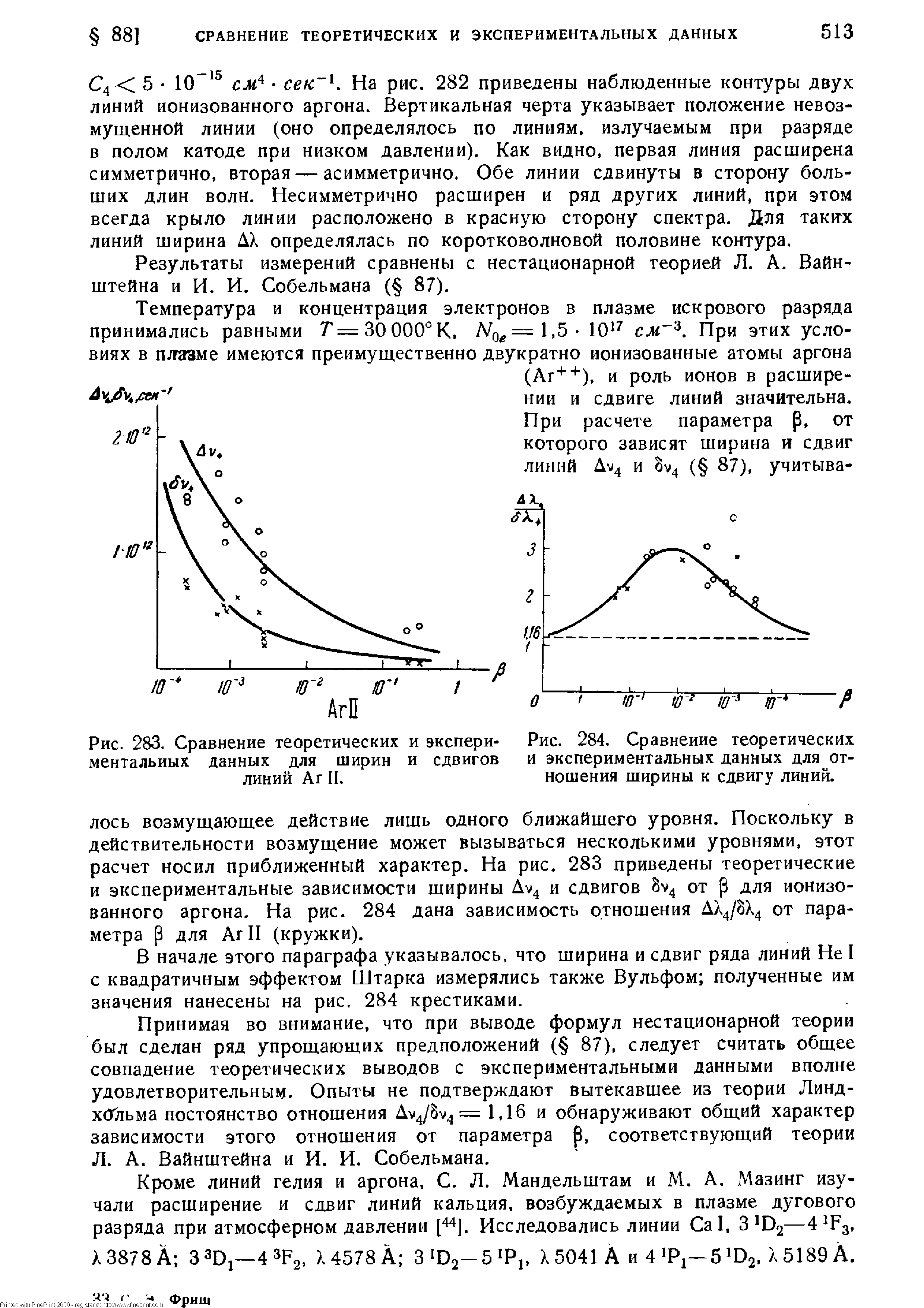 Рис. 283. Сравнение теоретических и экспериментальных данных для ширин и сдвигов линий Аг II.

