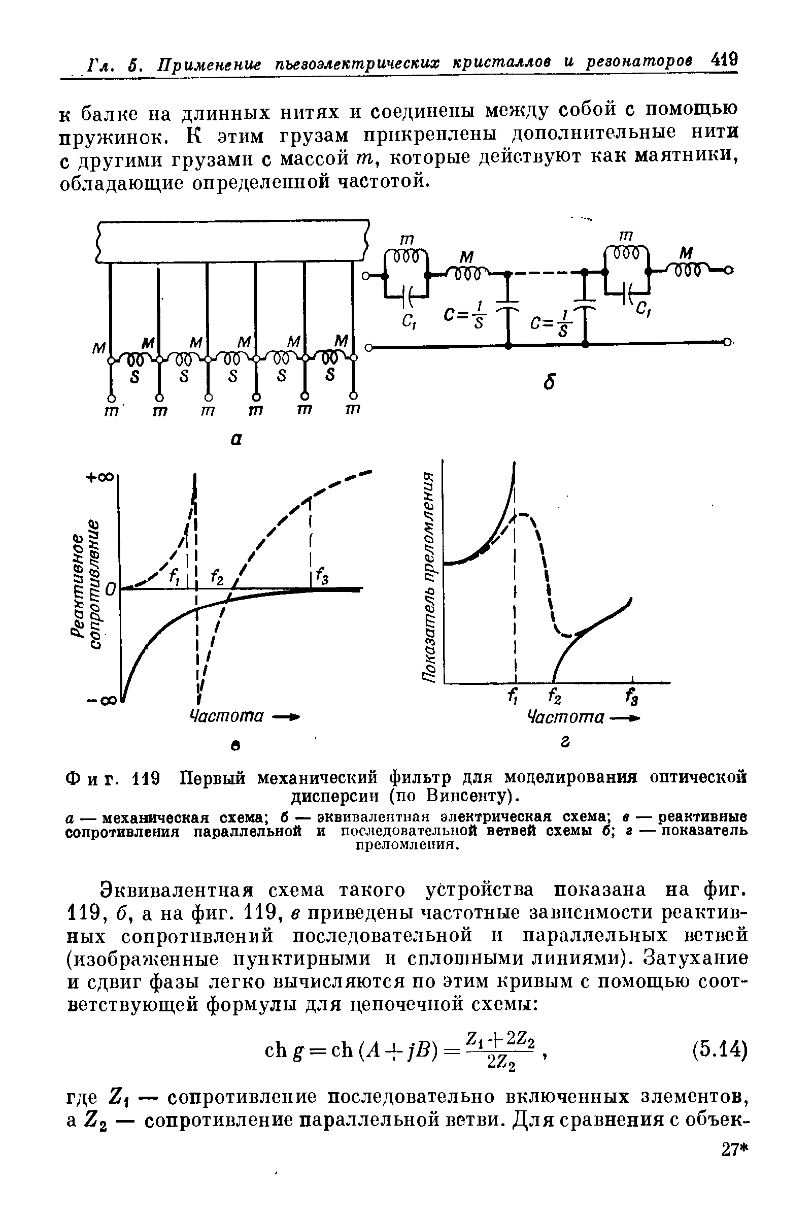 Фиг. 119 Первый <a href="/info/65475">механический фильтр</a> для моделирования оптической дисперсии (по Винсенту). а — <a href="/info/222896">механическая схема</a> б — эквивалентная электрическая схема в — <a href="/info/43847">реактивные сопротивления</a> параллельной и послсдоватсль 10й ветвей схемы б г — показатель
