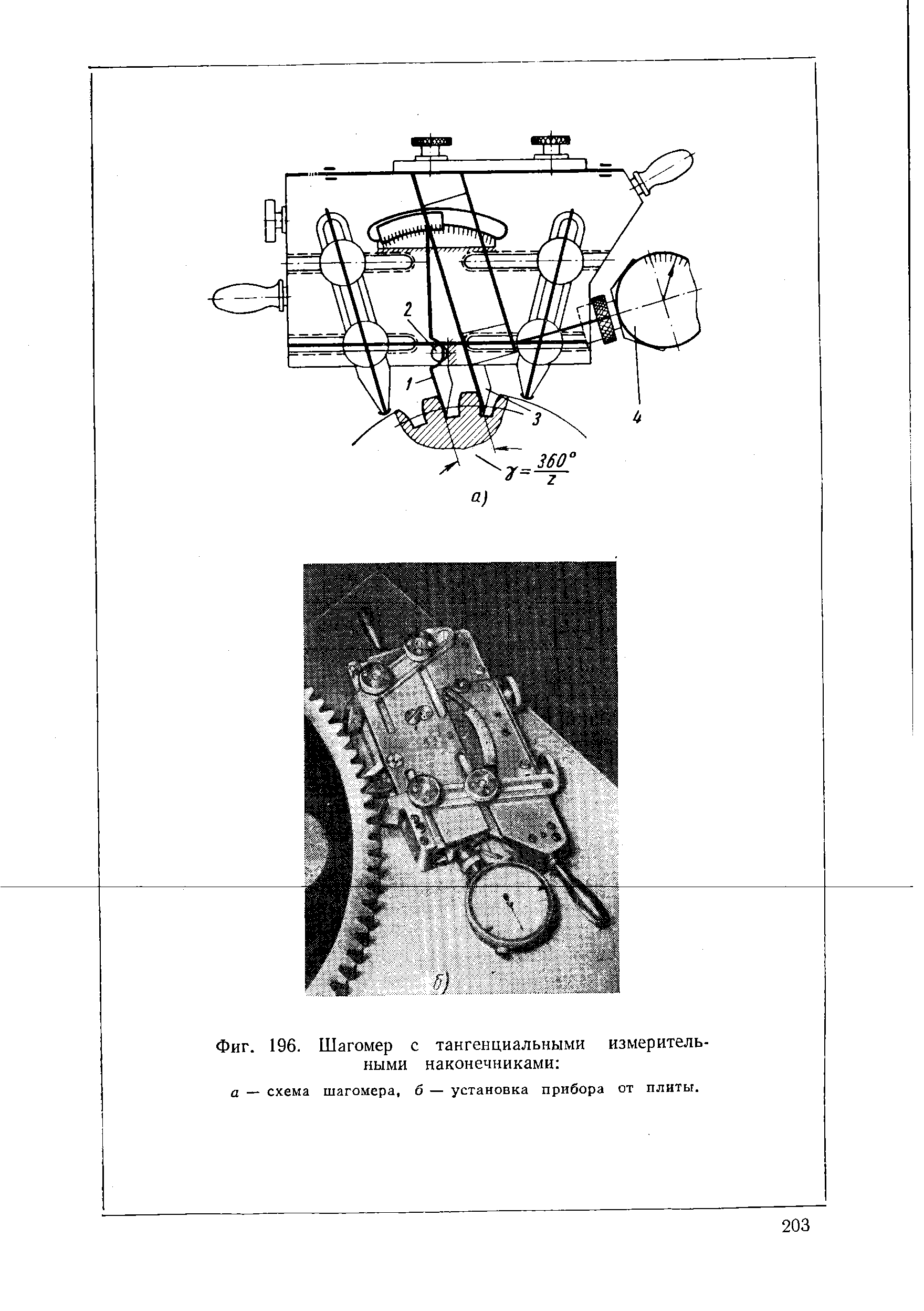 Фиг. 196. Шагомер с тангенциальными измерительными наконечниками 
