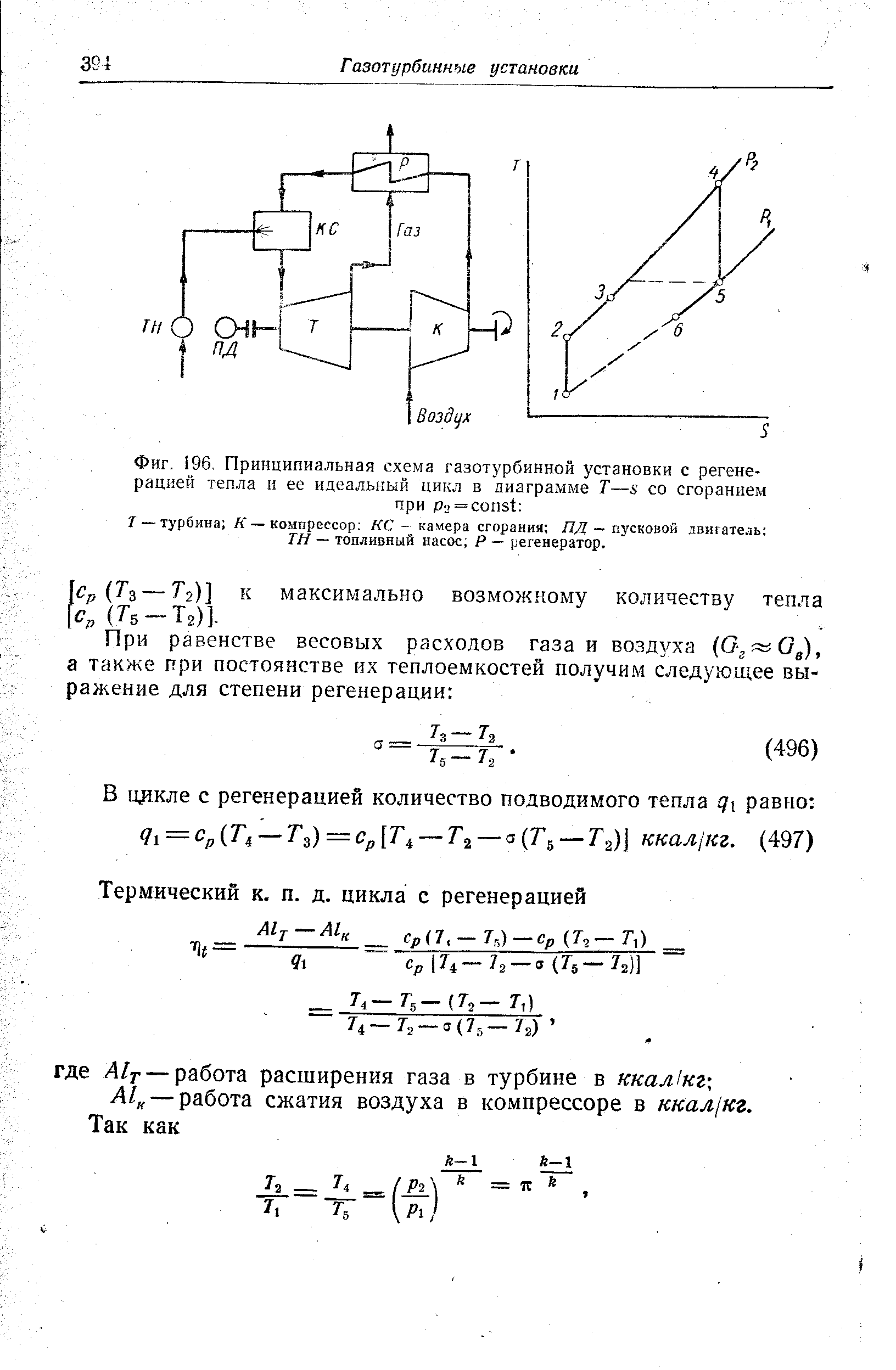 Фиг. 196, Принципиальная схема газотурбинной установки с <a href="/info/103887">регенерацией тепла</a> и ее <a href="/info/758761">идеальный цикл</a> в диаграмме Т—s со сгоранием
