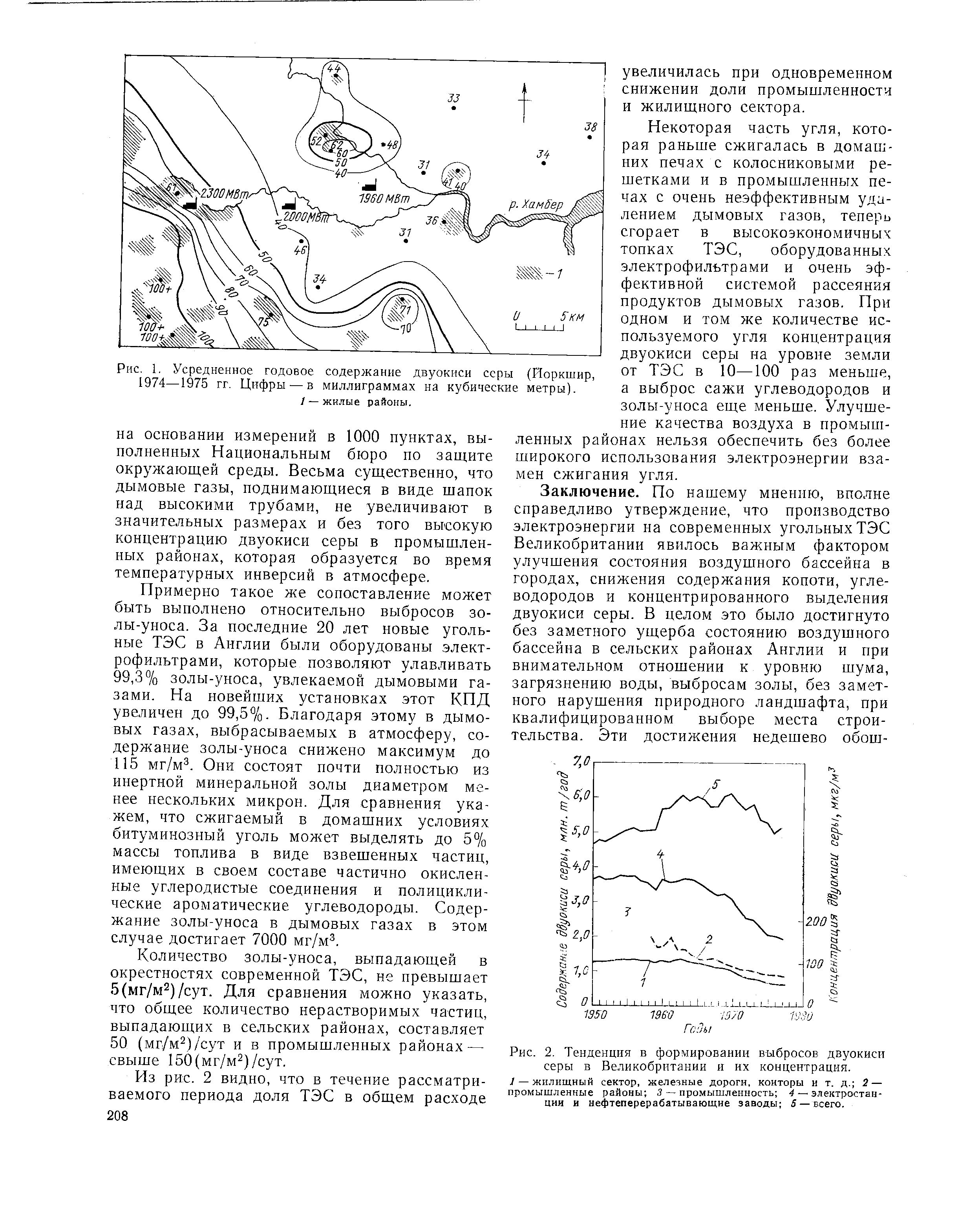 Рис. 1, Усредненное годовое содержание двуокиси серы (Йоркшир, 1974—1975 гг. Цифры — в миллиграммах на кубические метры).
