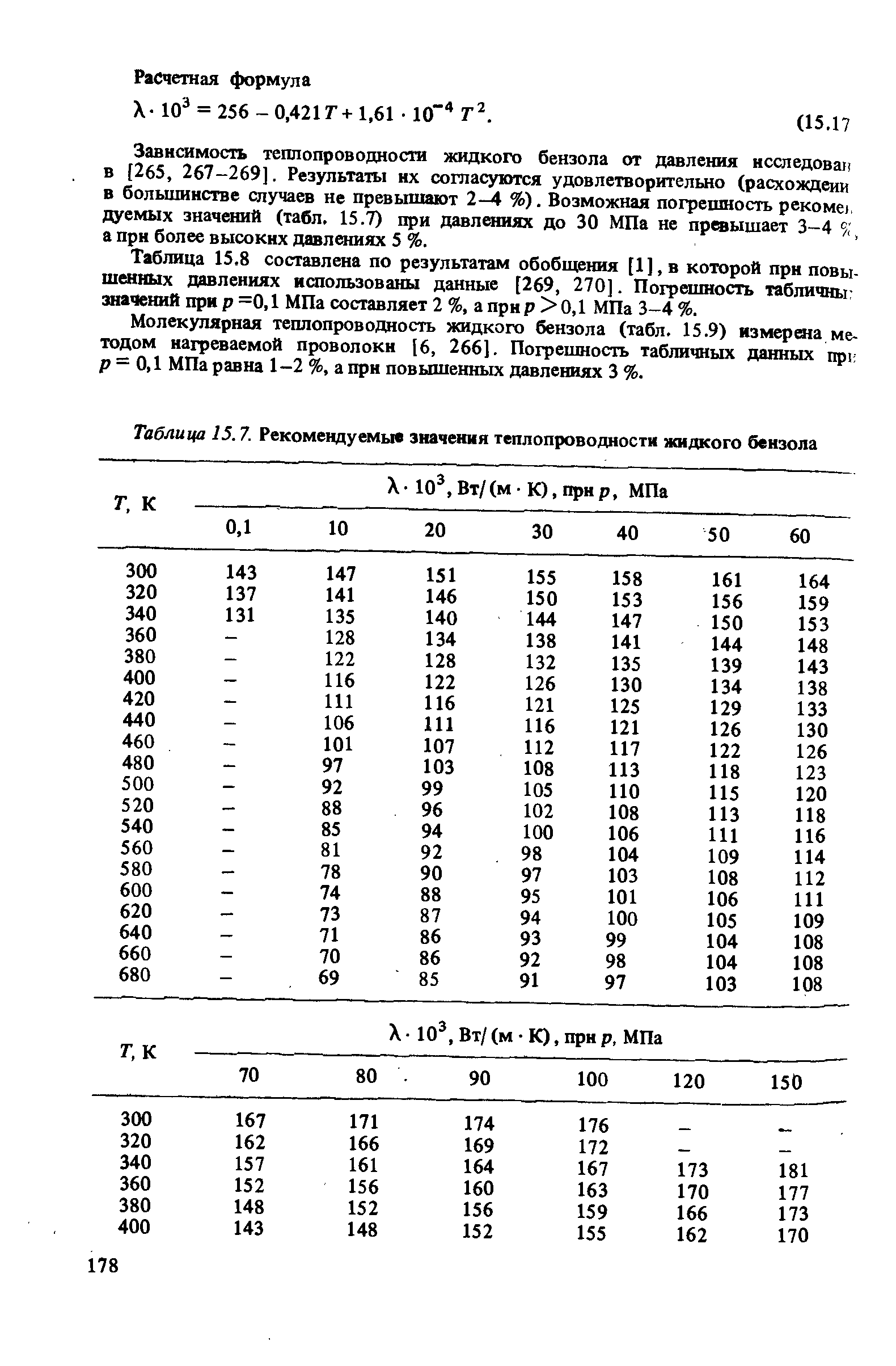 Таблица 15.7. Рекомендуемы значения теплопроводности жидкого бензола X 10, Вт/(м К), при р, МПа
