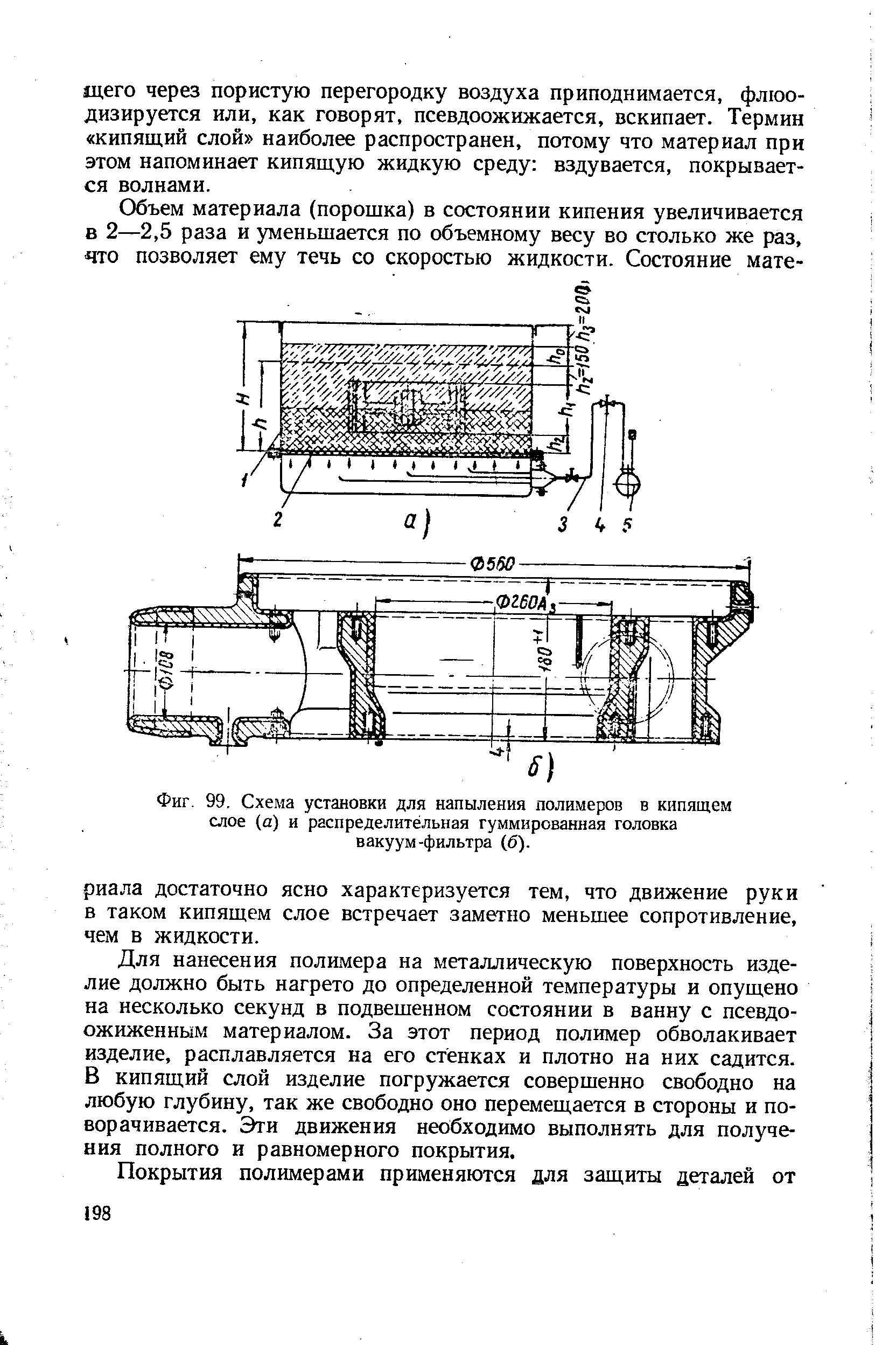 Фиг. 99, Схема установки для напыления полимеров в кипящем слое (а) и распределительная гуммированная головка вакуум-фильтра (б).

