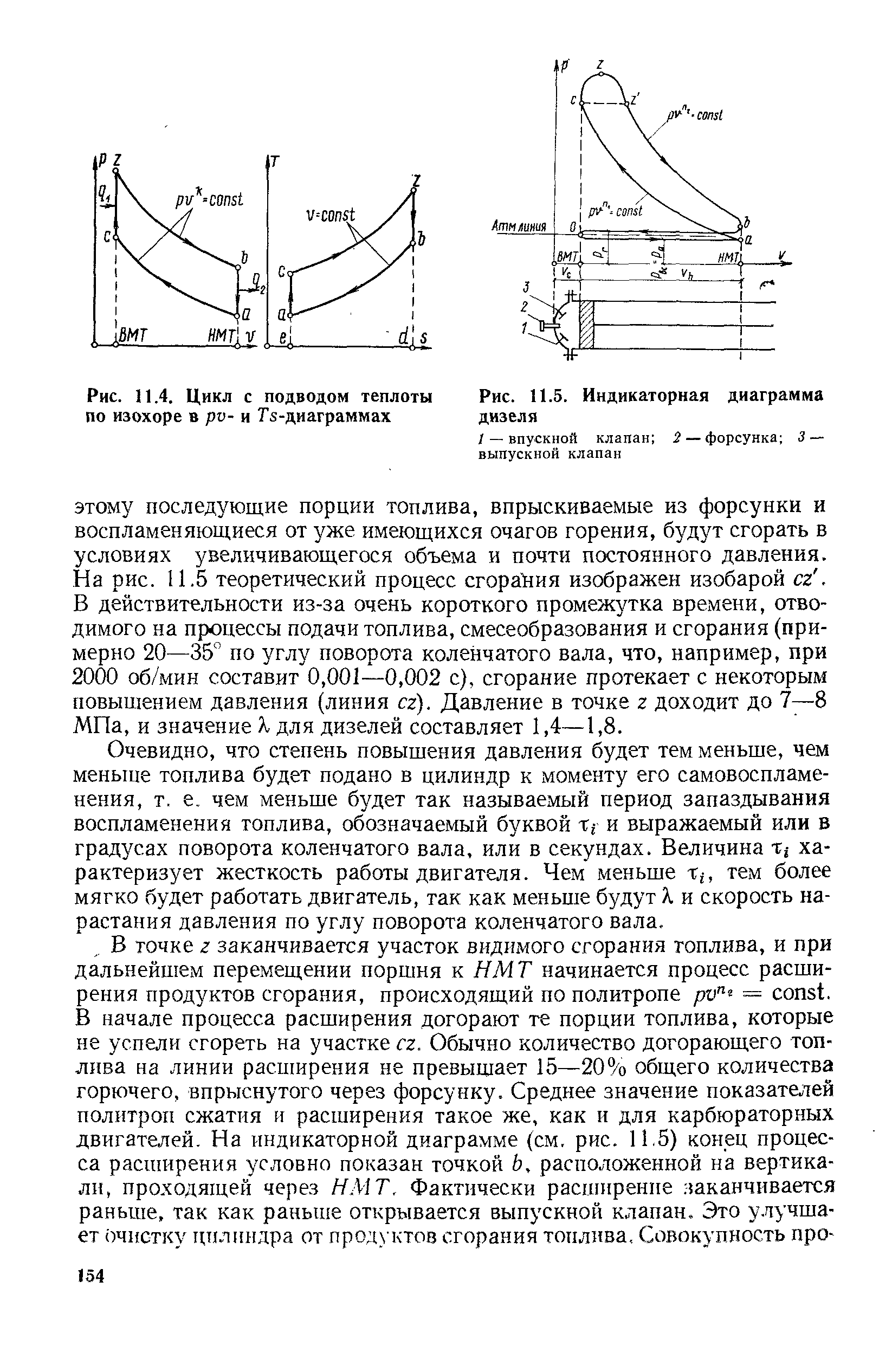 Рис. 11.4. Цикл с подводом теплоты по изохоре в pv- и Ts-диаграммах
