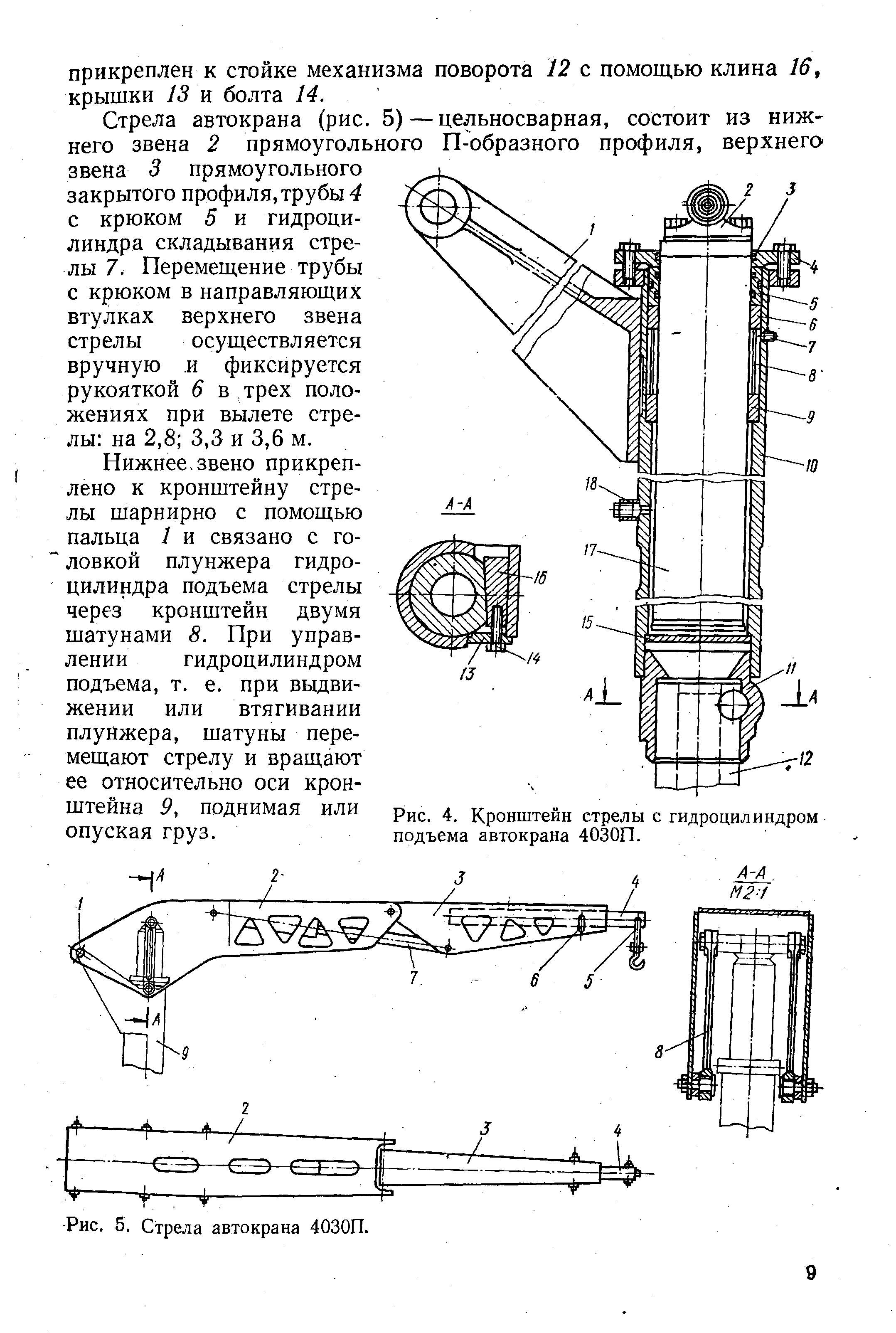 Рис. 4, Кронштейн стрелы с гидроцилиндром подъема автокрана 4030П.
