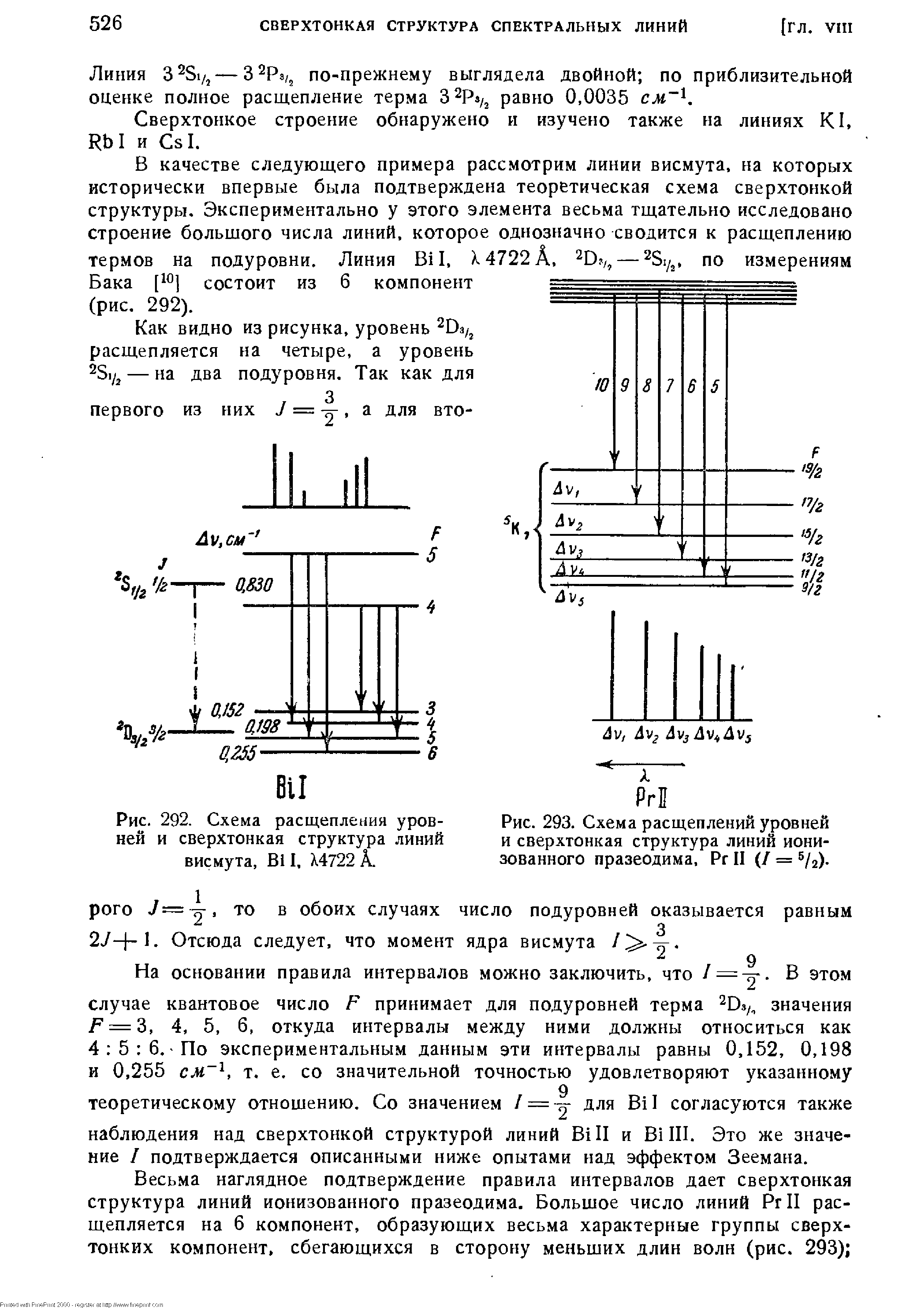 Рис. 293. Схема расщеплений уровней и сверхтонкая структура линий ионизованного празеодима, Рг II (/ = 5/а).
