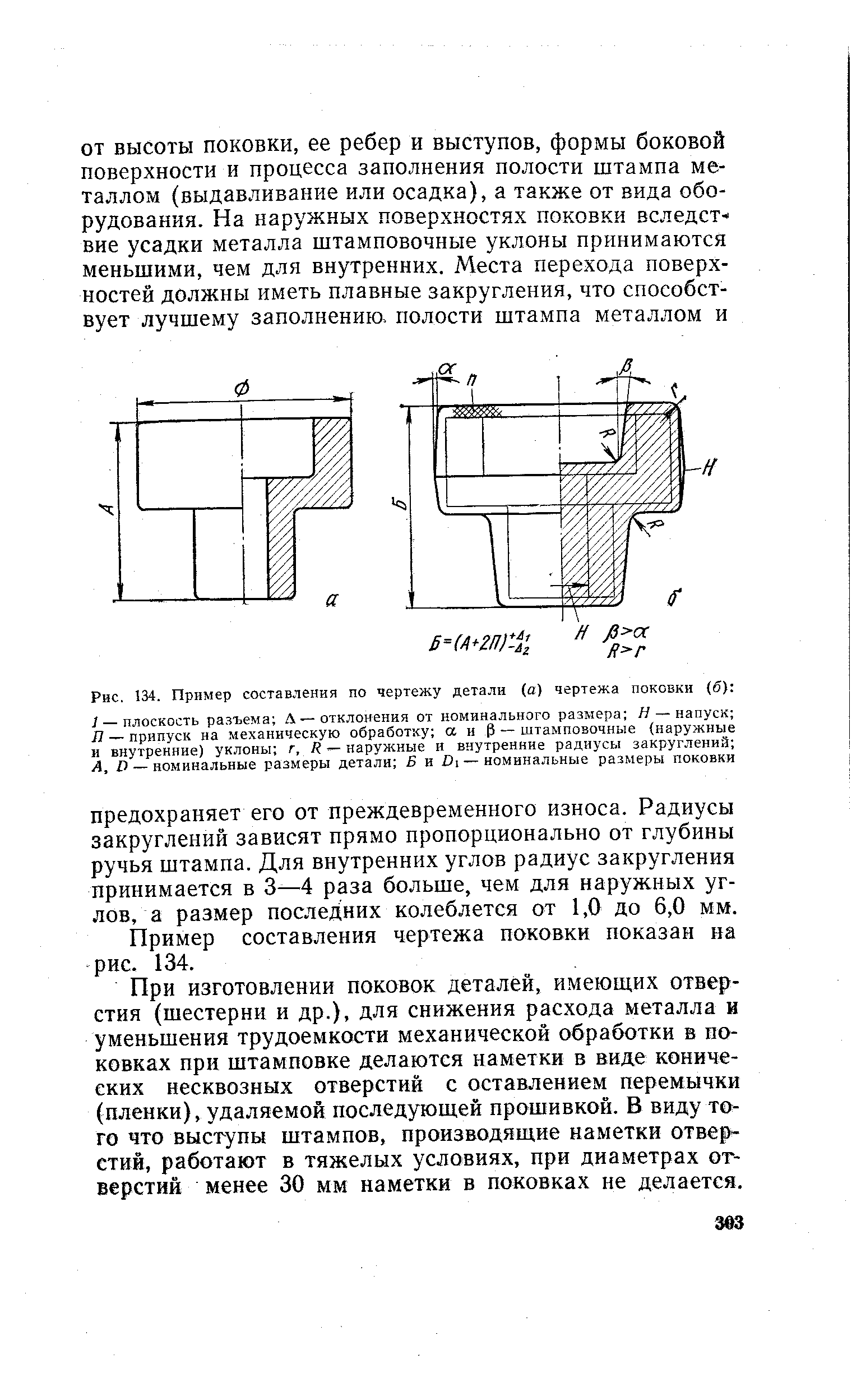 Рис. 134. Пример составления по чертежу детали (а) чертежа поковки (б) 

