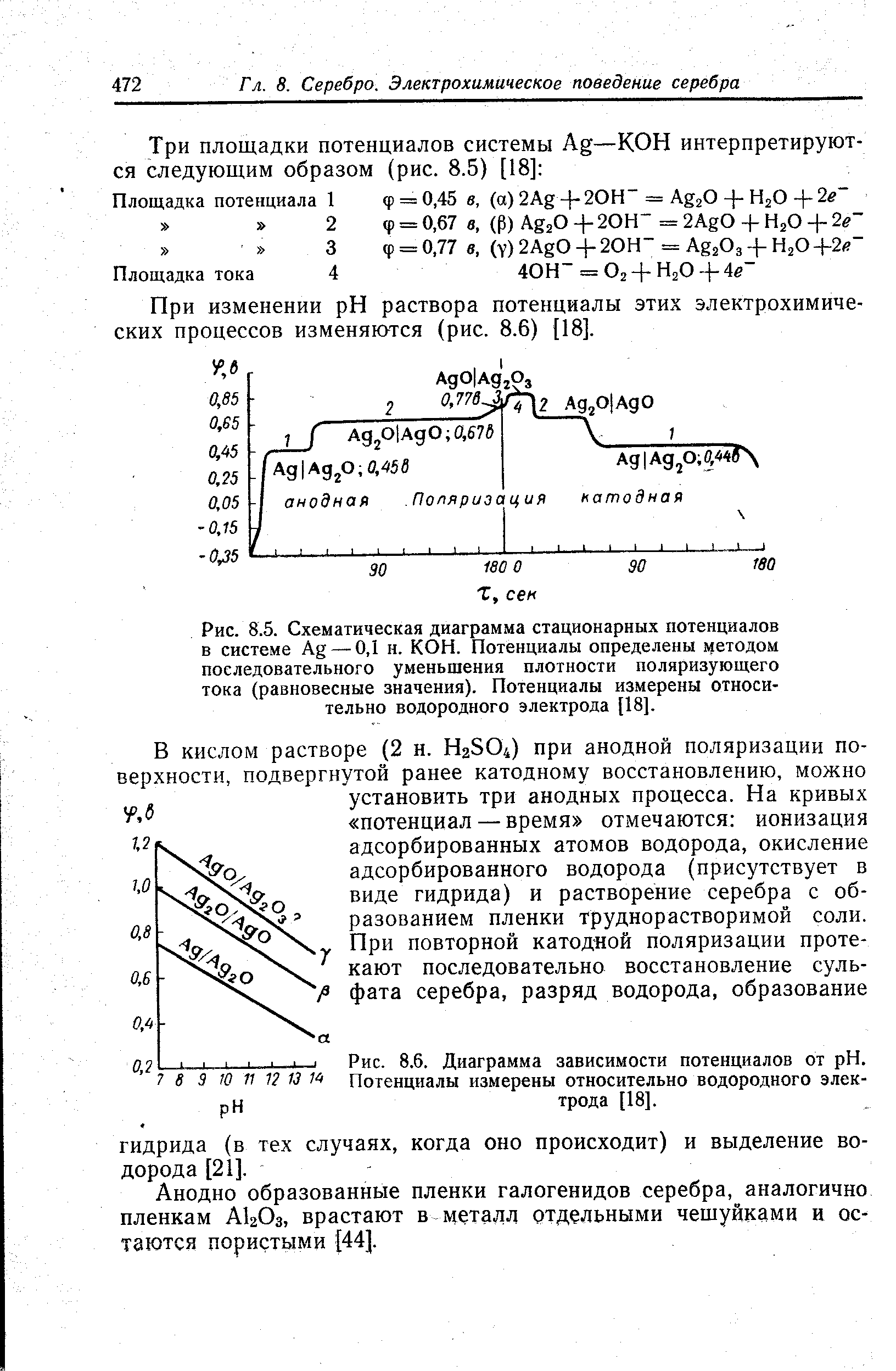 Рис. 8.5. Схематическая диаграмма стационарных потенциалов в системе Ag —0,1 и. КОН. Потенциалы определены методом последовательного уменьшения плотности поляризующего тока (равновесные значения). Потенциалы измерены относительно водородного электрода [18].
