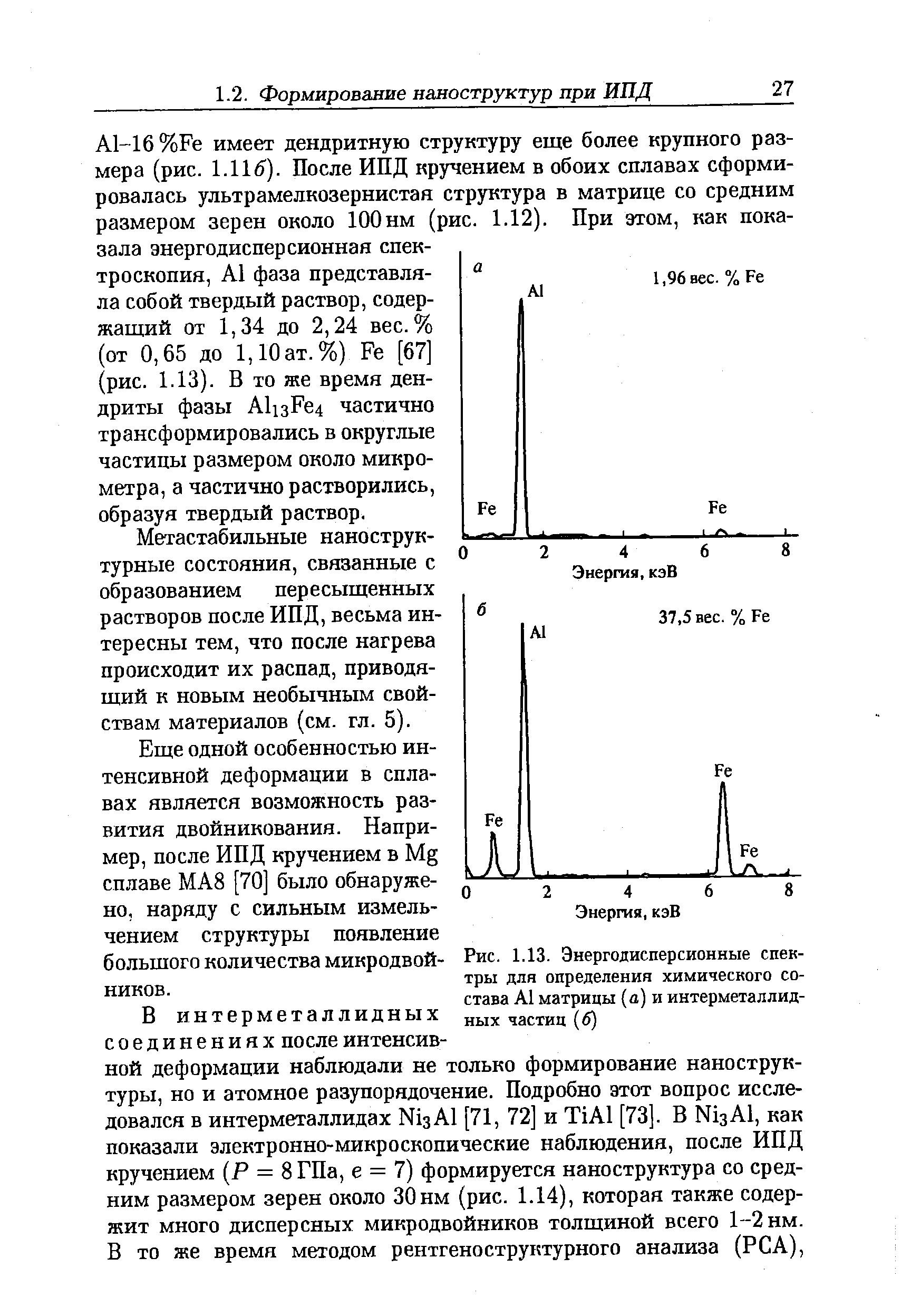 Рис. 1.13. Энергодисперсионные спектры для определения химического состава А1 матрицы (а) и интерметаллидных частиц (б)
