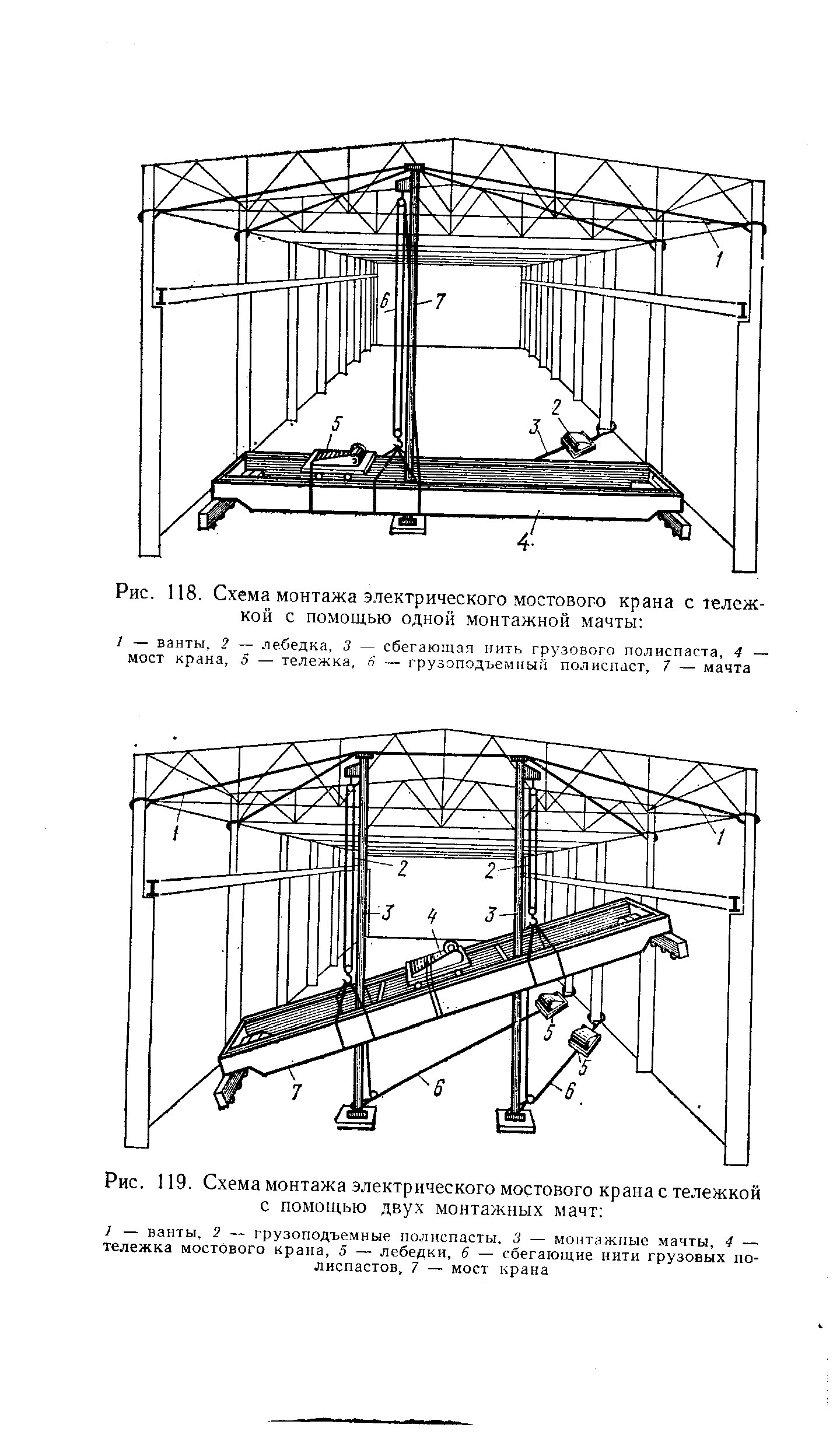 Рис. 119. Схема монтажа электрического мостового крана с тележкой с помощью двух монтажных мачт 
