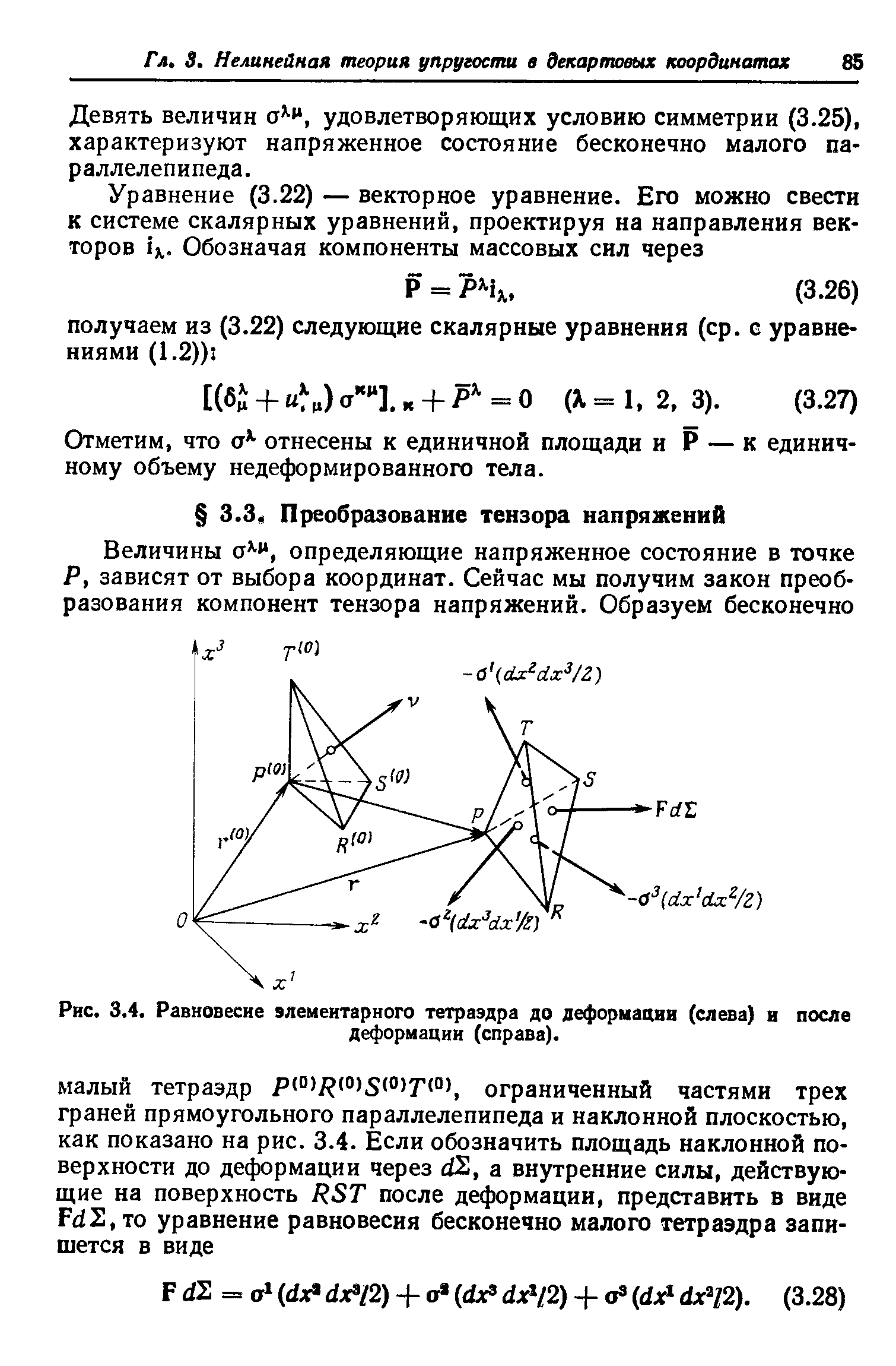 Рис. 3.4. Равновесие элементарного тетраэдра до деформации (слева) и после
