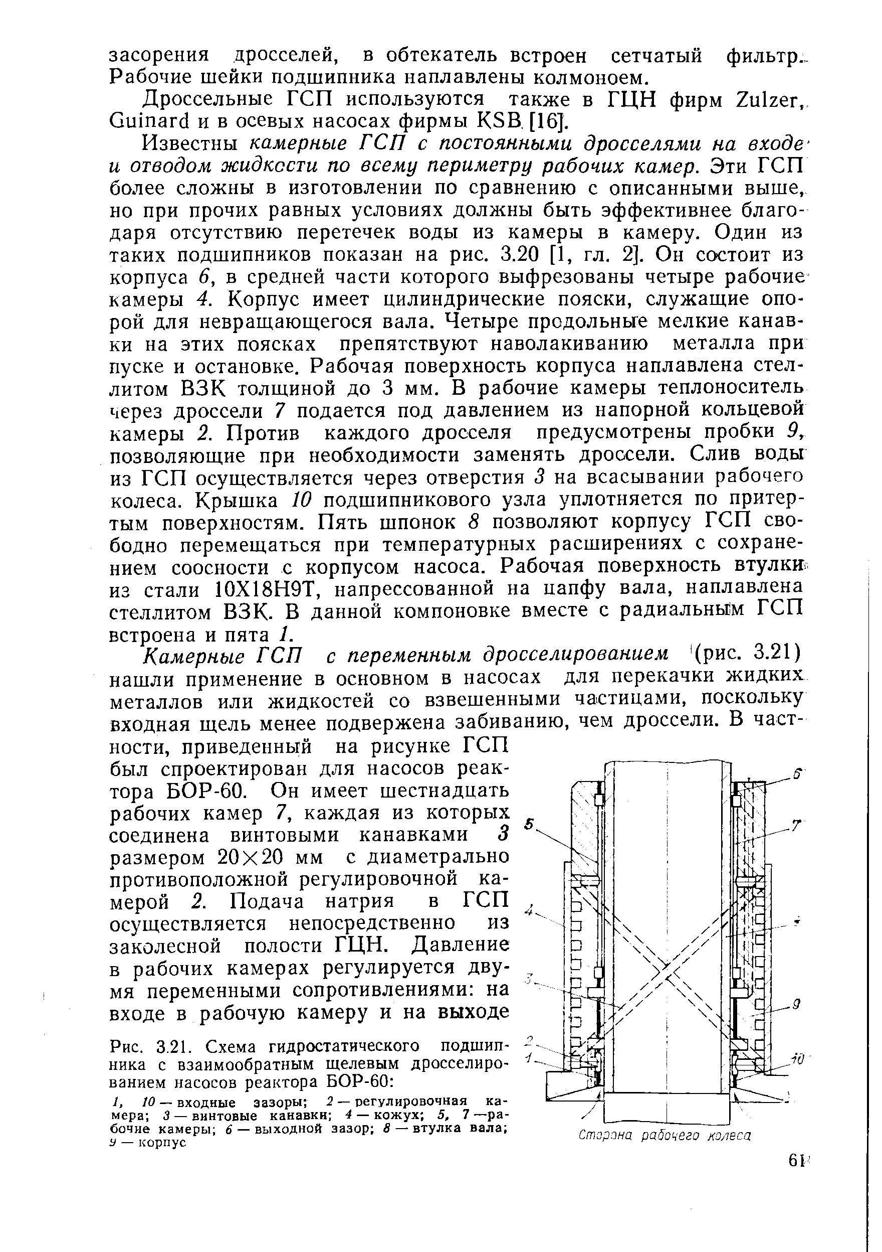 Рис. 3.21. Схема гидростатического подтип-ника с взаимообратным щелевым дросселированием насосов реактора БОР-60 
