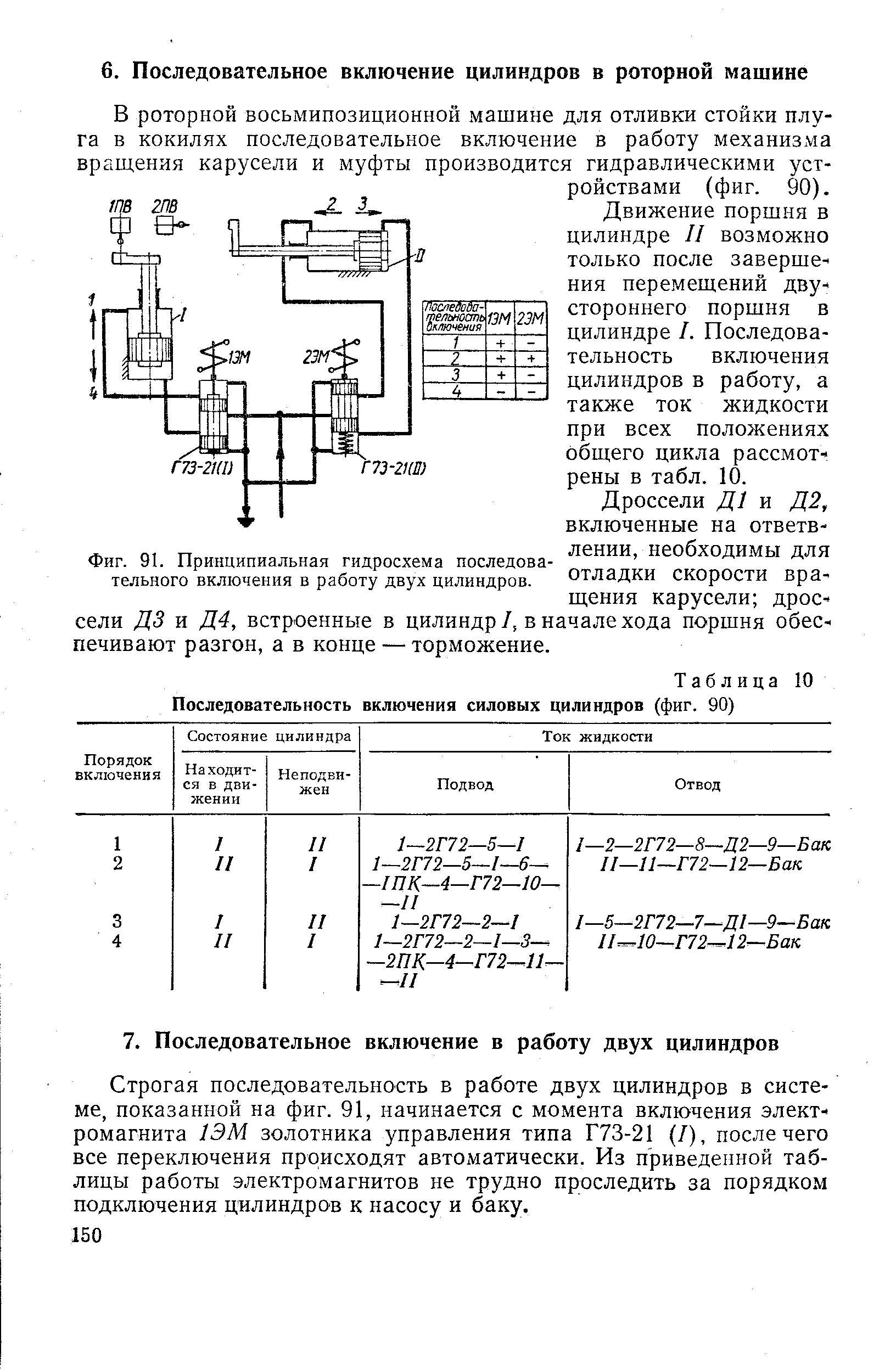 Фиг. 91. Принципиальная гидросхема последовательного включения в работу двух цилиндров.
