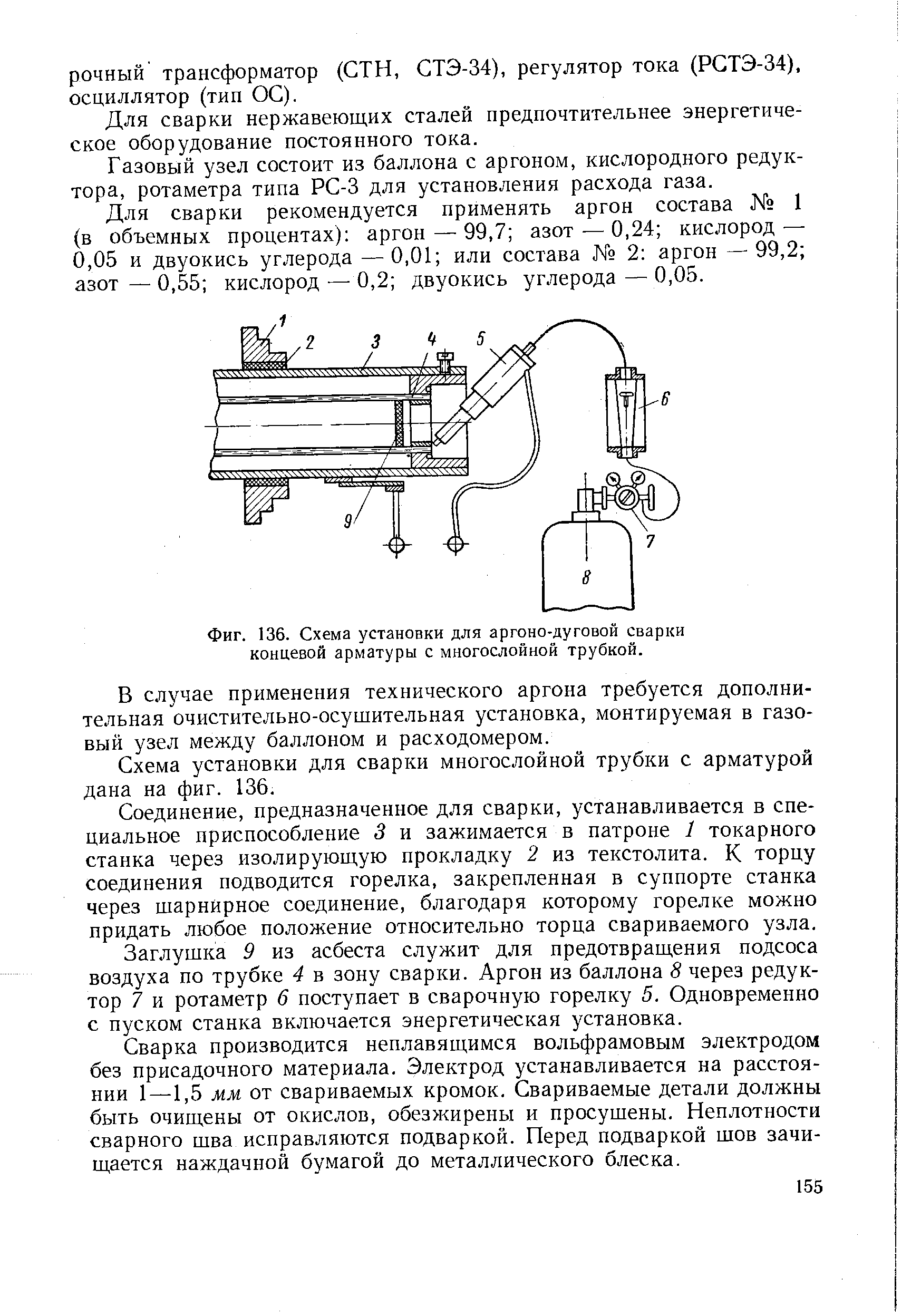 Фиг. 136. Схема установки для аргоно-дуговой сварки концевой арматуры с многослойной трубкой.
