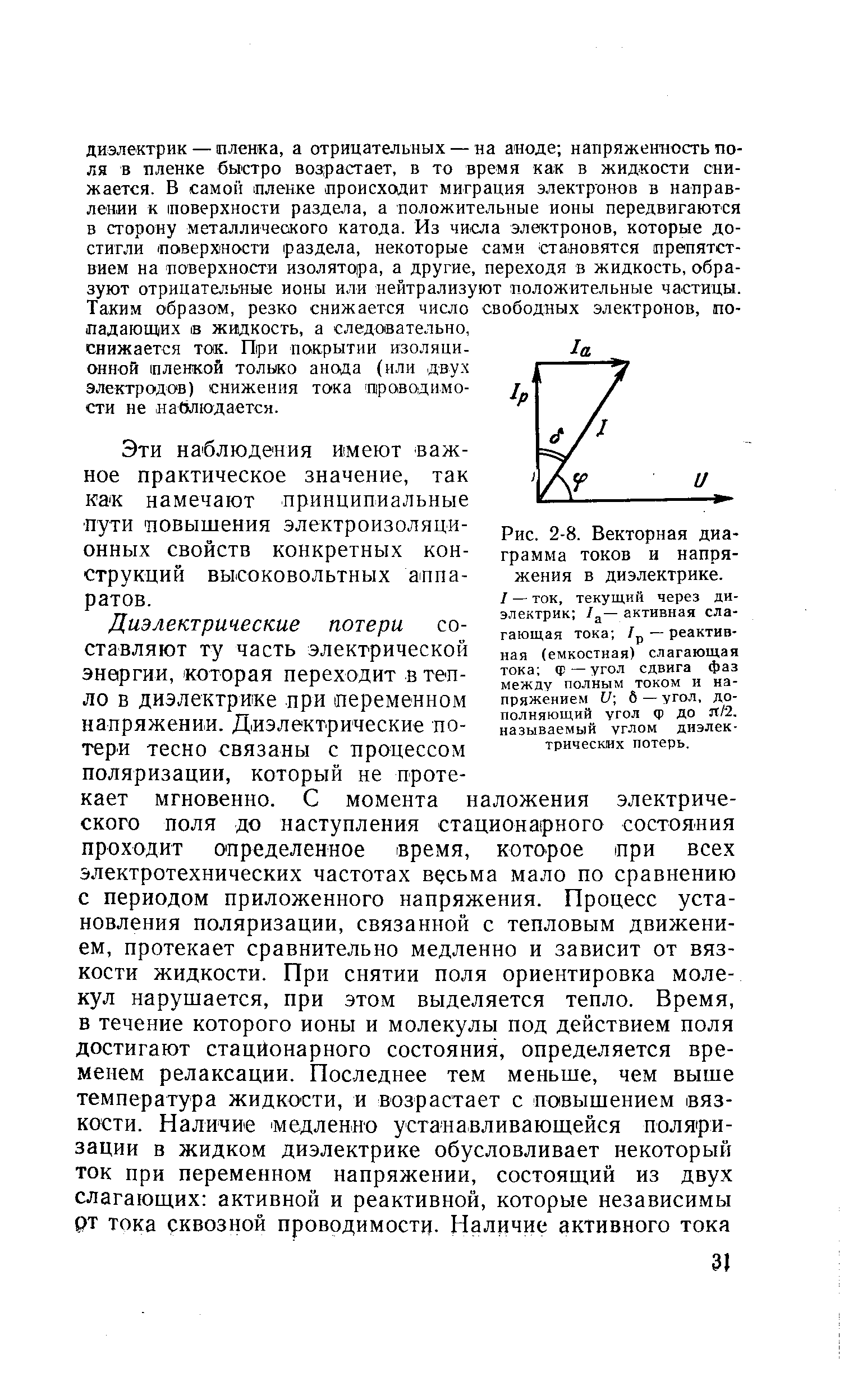 Рис. 2-8. <a href="/info/19381">Векторная диаграмма</a> токов и напряжения в диэлектрике.
