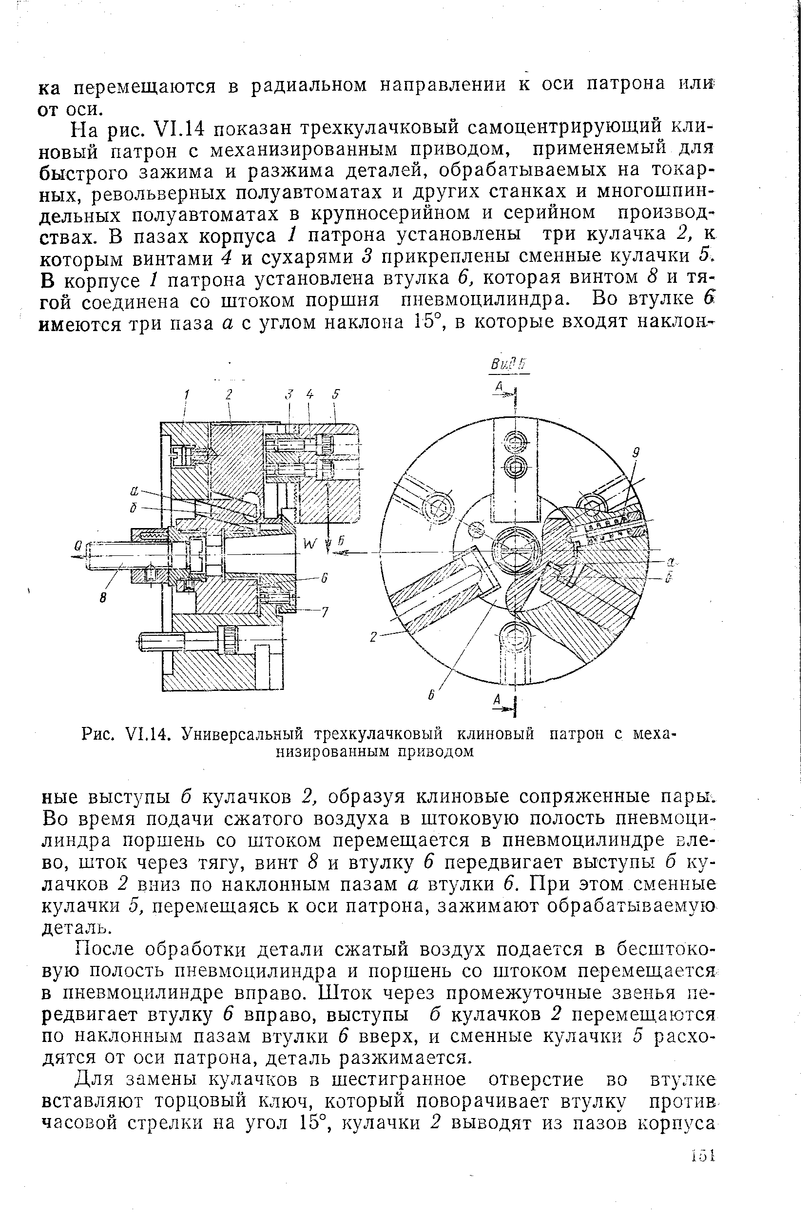 Рис. VI. 14. Универсальный трехкулачковый <a href="/info/155324">клиновый патрон</a> с механизированным приводом
