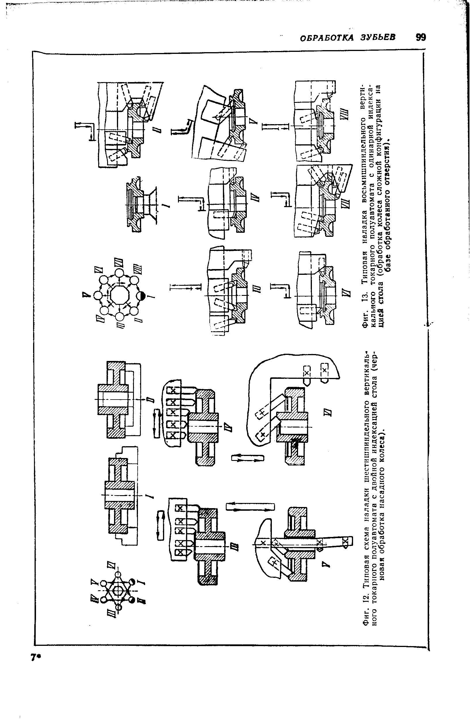 Фиг. 12, Типовая схема наладки шестишпиндельного вертикального <a href="/info/187003">токарного полуавтомата</a> с двойной индексацией стола (черновая обработка насадного колеса).
