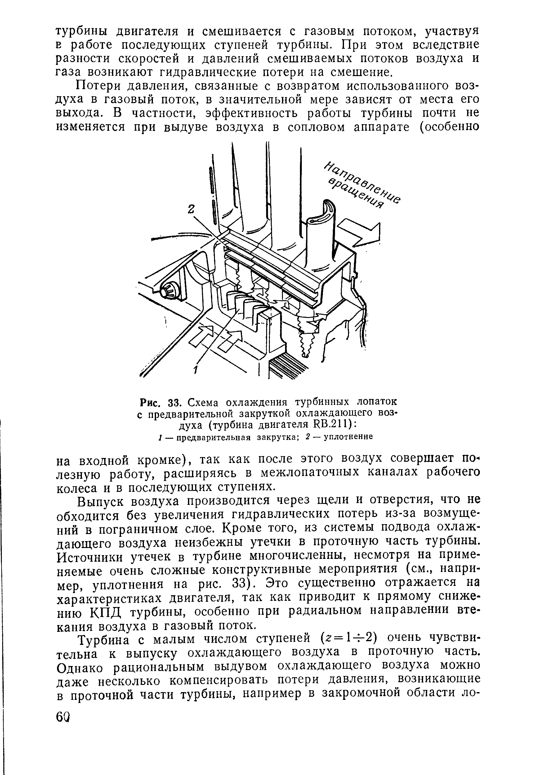 Рис. 33. Схема охлаждения турбинных лопаток с предварительной закруткой охлаждающего воздуха (турбина двигателя RB.211) 
