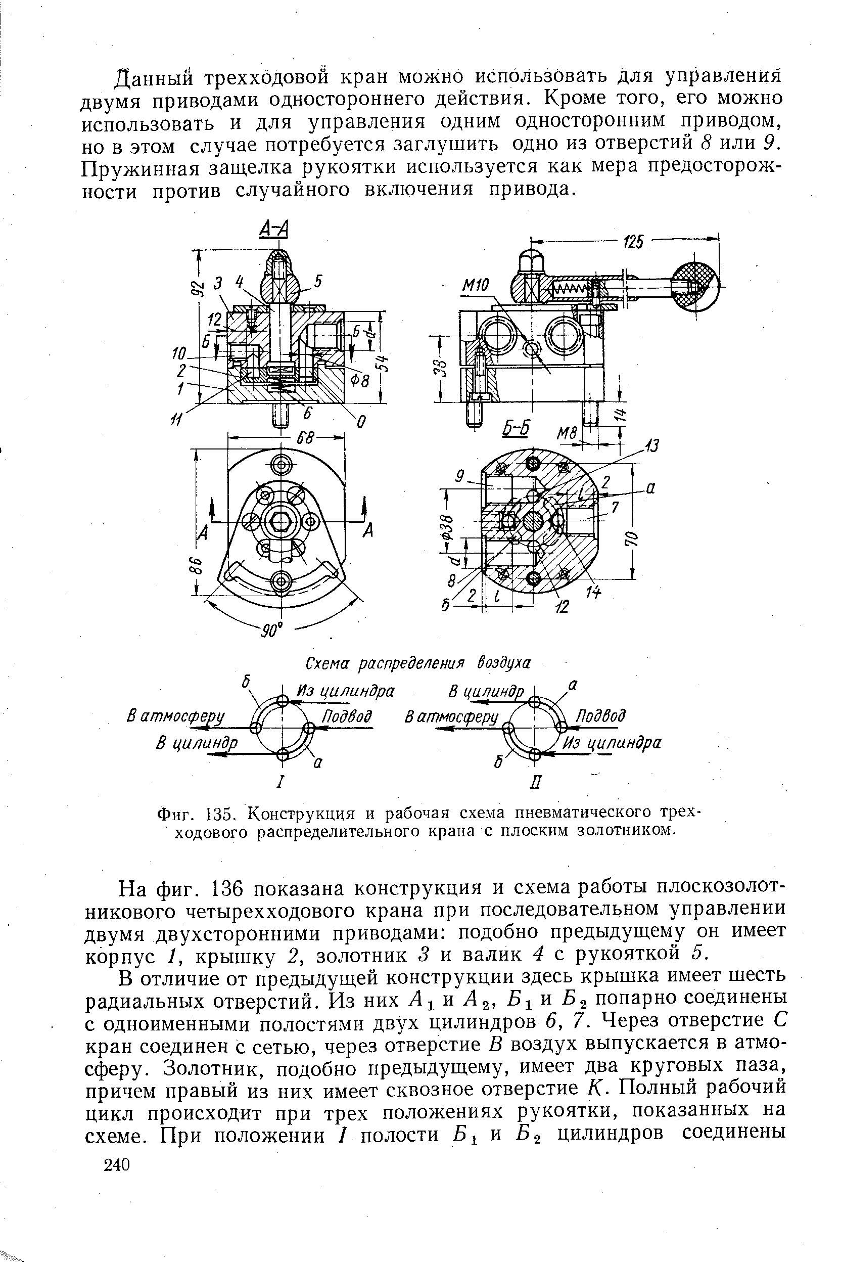 Фиг. 135. Конструкция и рабочая схема пневматического трехходового распределительного крана с плоским золотником.
