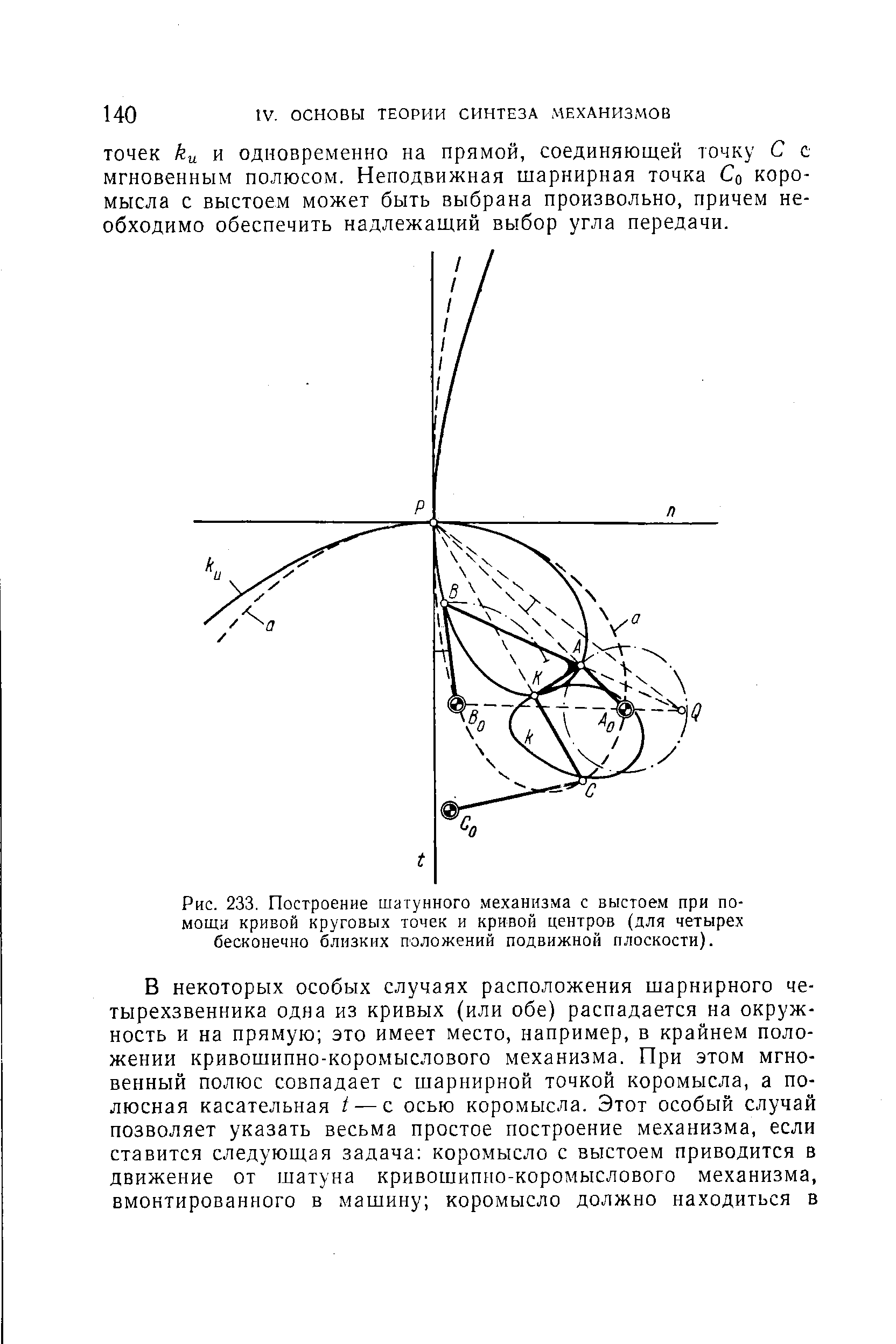 Рис. 233. Построение шатунного механизма с выстоем при помощи кривой круговых точек и кривой центров (для четырех бесконечно близких положений подвижной плоскости).
