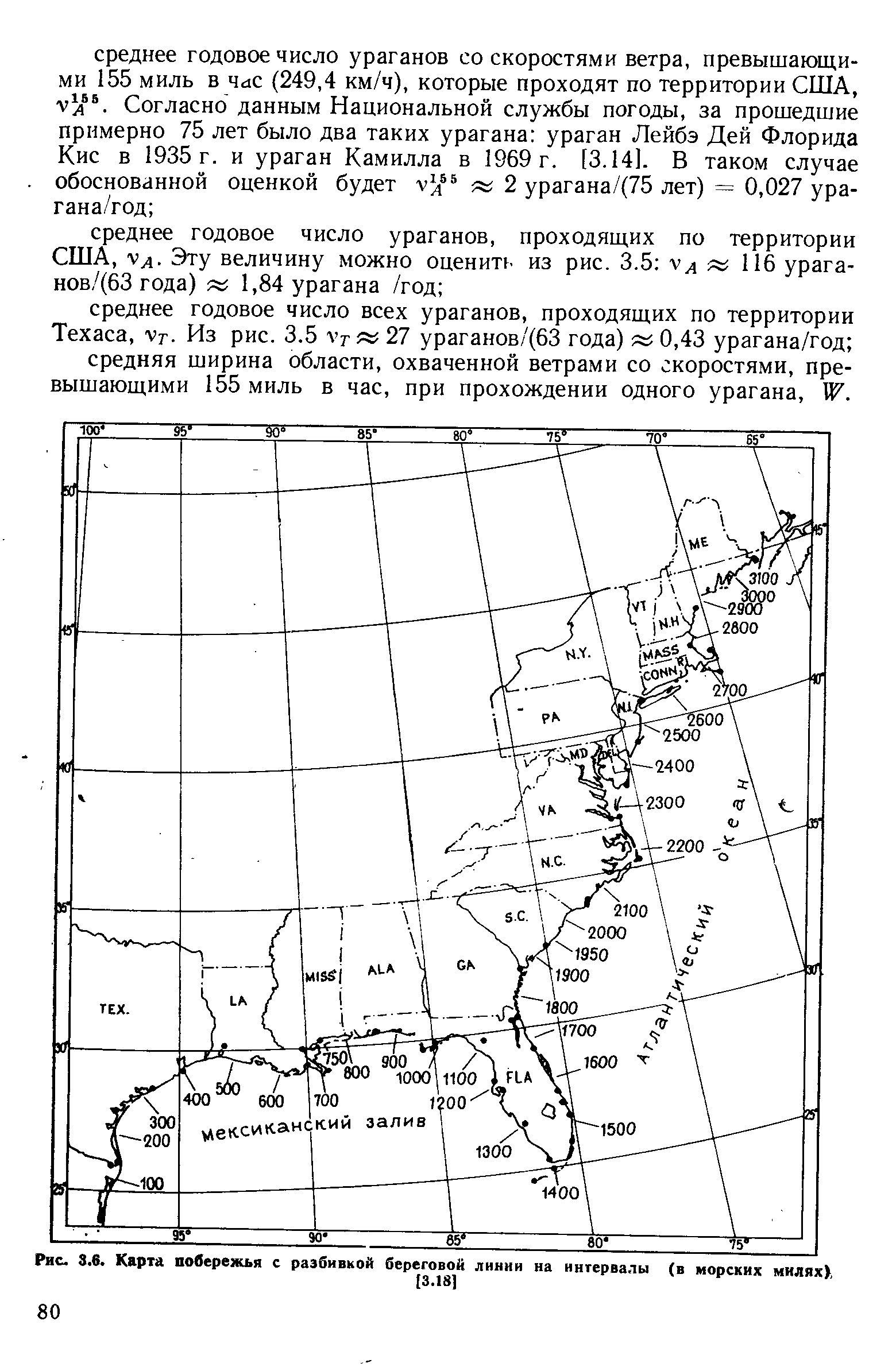 Рис. 3.6. Карта побережья с разбивкой береговой линии на интервалы (в морских милях),
