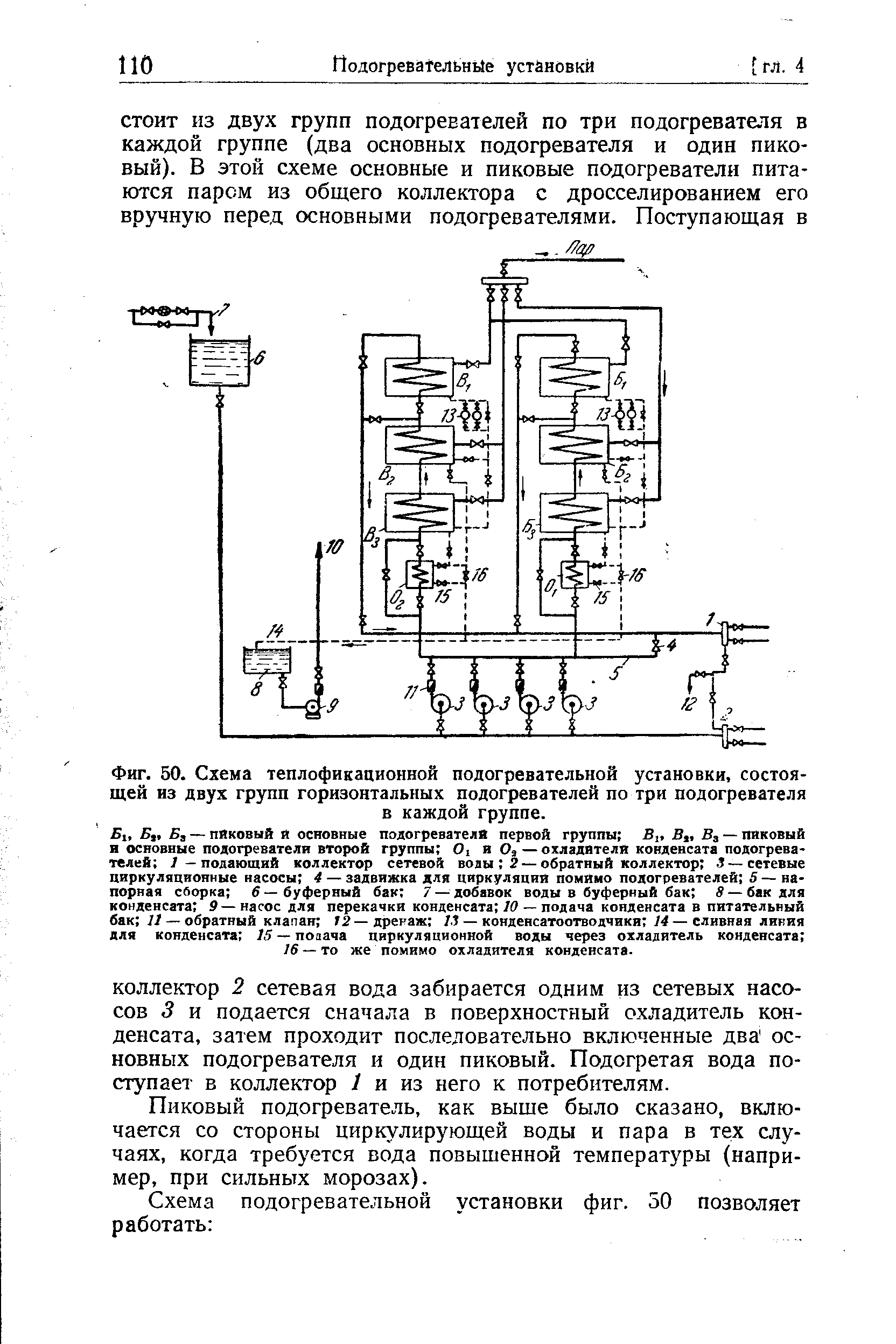 Фиг. 50. Схема теплофикационной подогревательной установки, состоящей из двух групп горизонтальных подогревателей по три подогревателя
