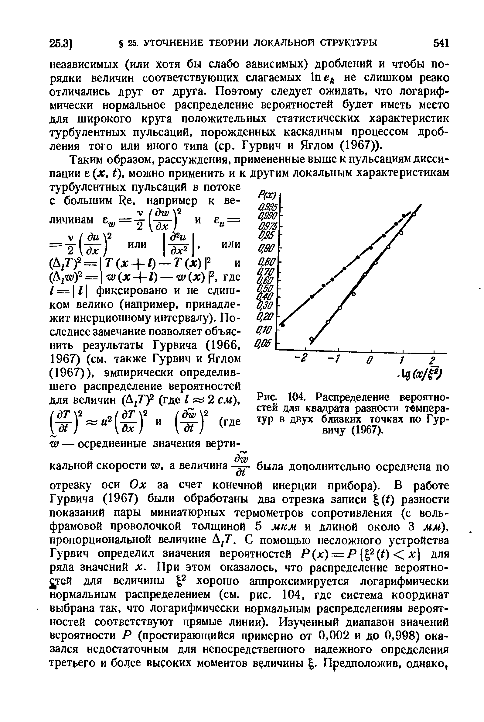 Рис. 104. <a href="/info/43107">Распределение вероятностей</a> для <a href="/info/83672">квадрата разности</a> температур в двух близких точках по Гурвичу (1967).
