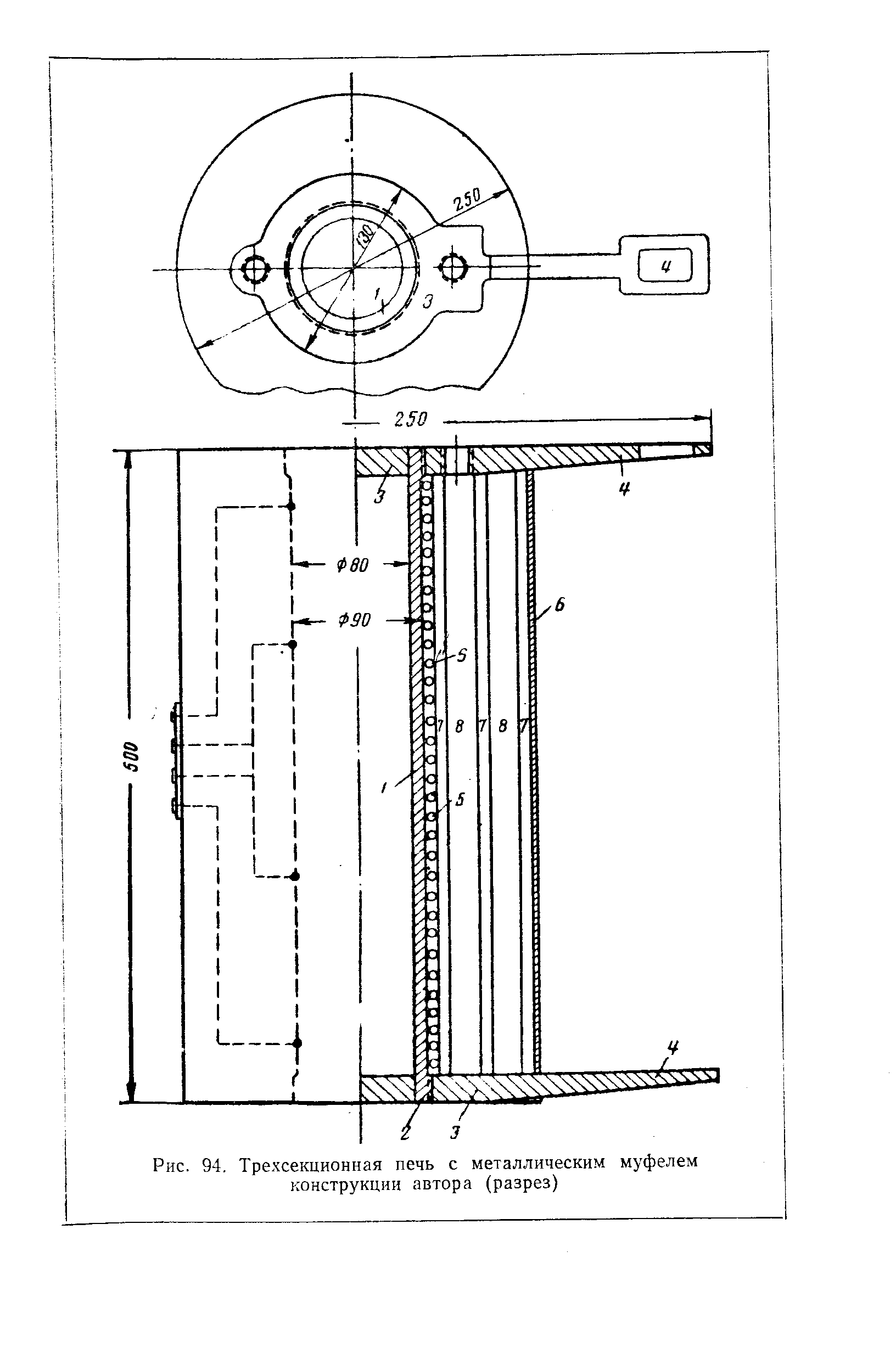 Рис. 94, Трехсекционная печь с металлическим муфелем конструкции автора (разрез)

