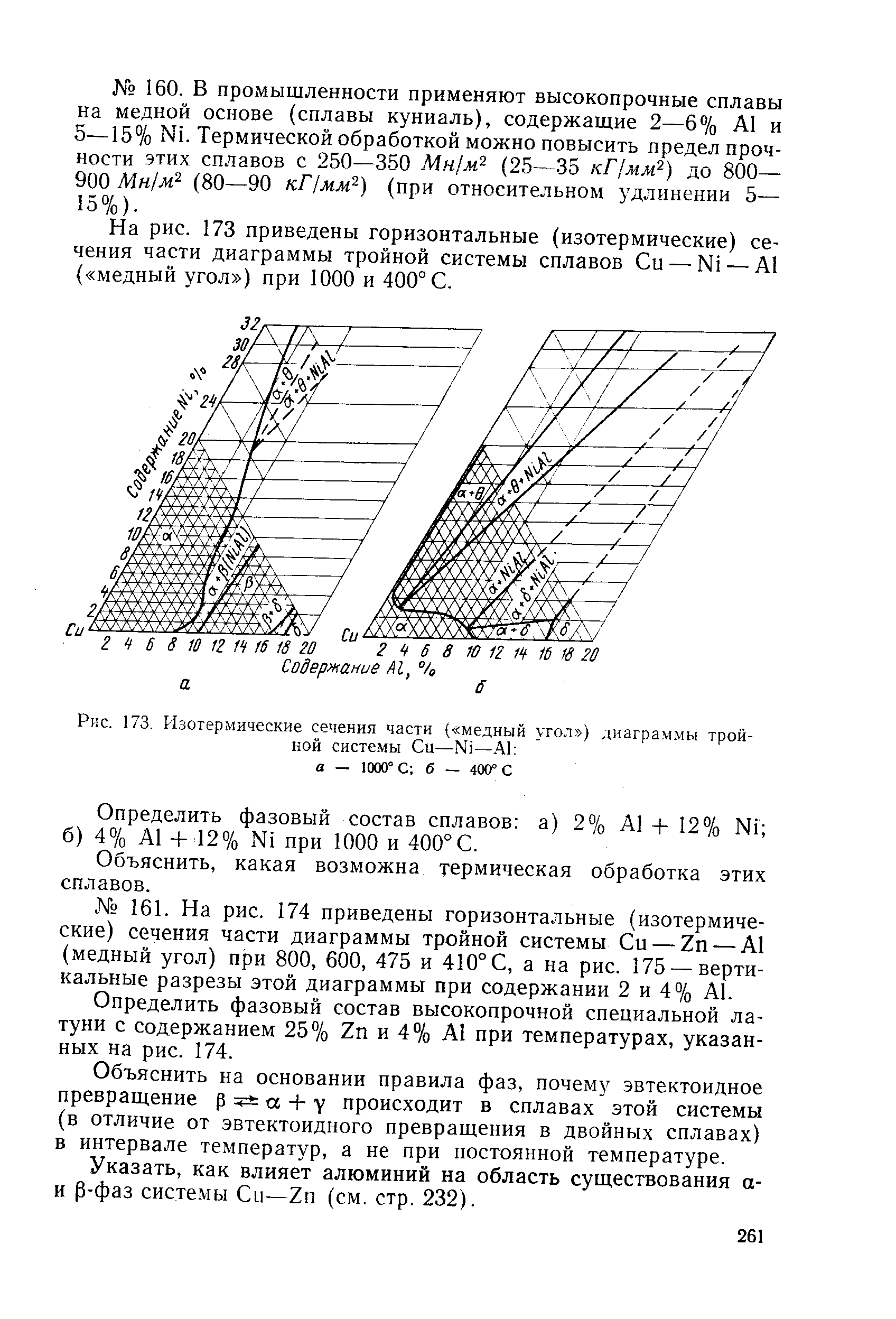 Рис. 173. Изотермические сечения части ( медный уго.т ) диаграммы тройной систе.мы Си—N1—А) а — 1000° С б — 400° С
