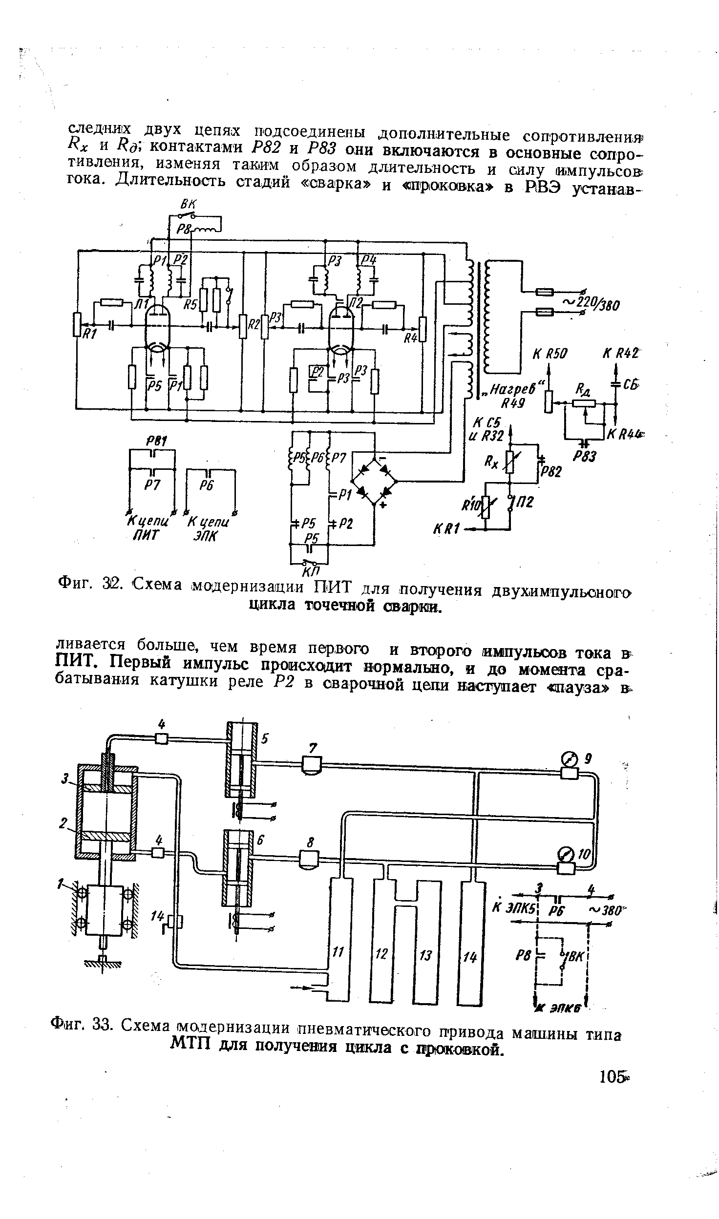 Фиг. 33. Схема модернизации пневматического привода машины типа МТП для получения цикла с проковкой.
