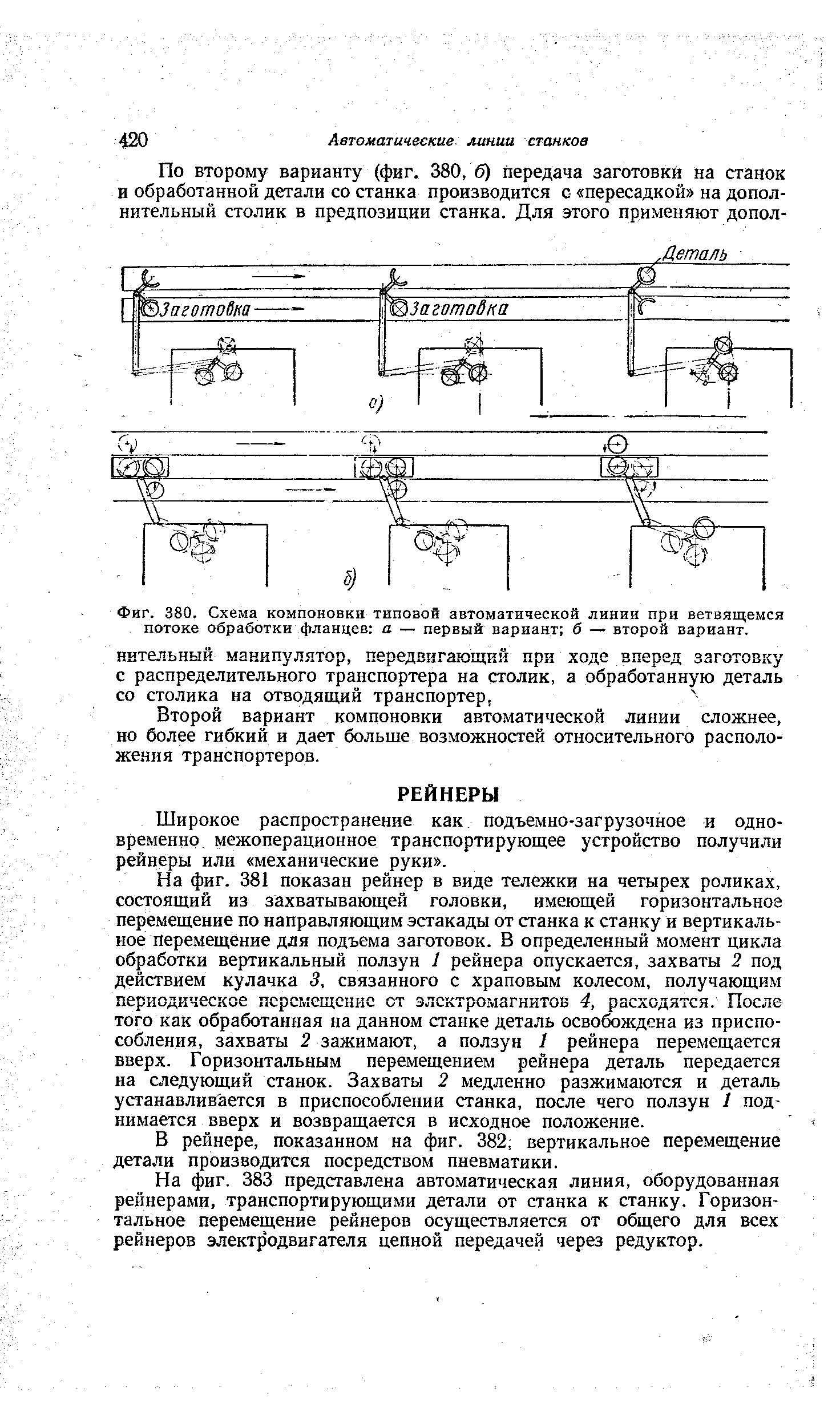 Фиг. 380. Схема компоновки типовой автоматической линии при ветвящемся потоке обработки фланцев а — первый вариант б — второй вариант.
