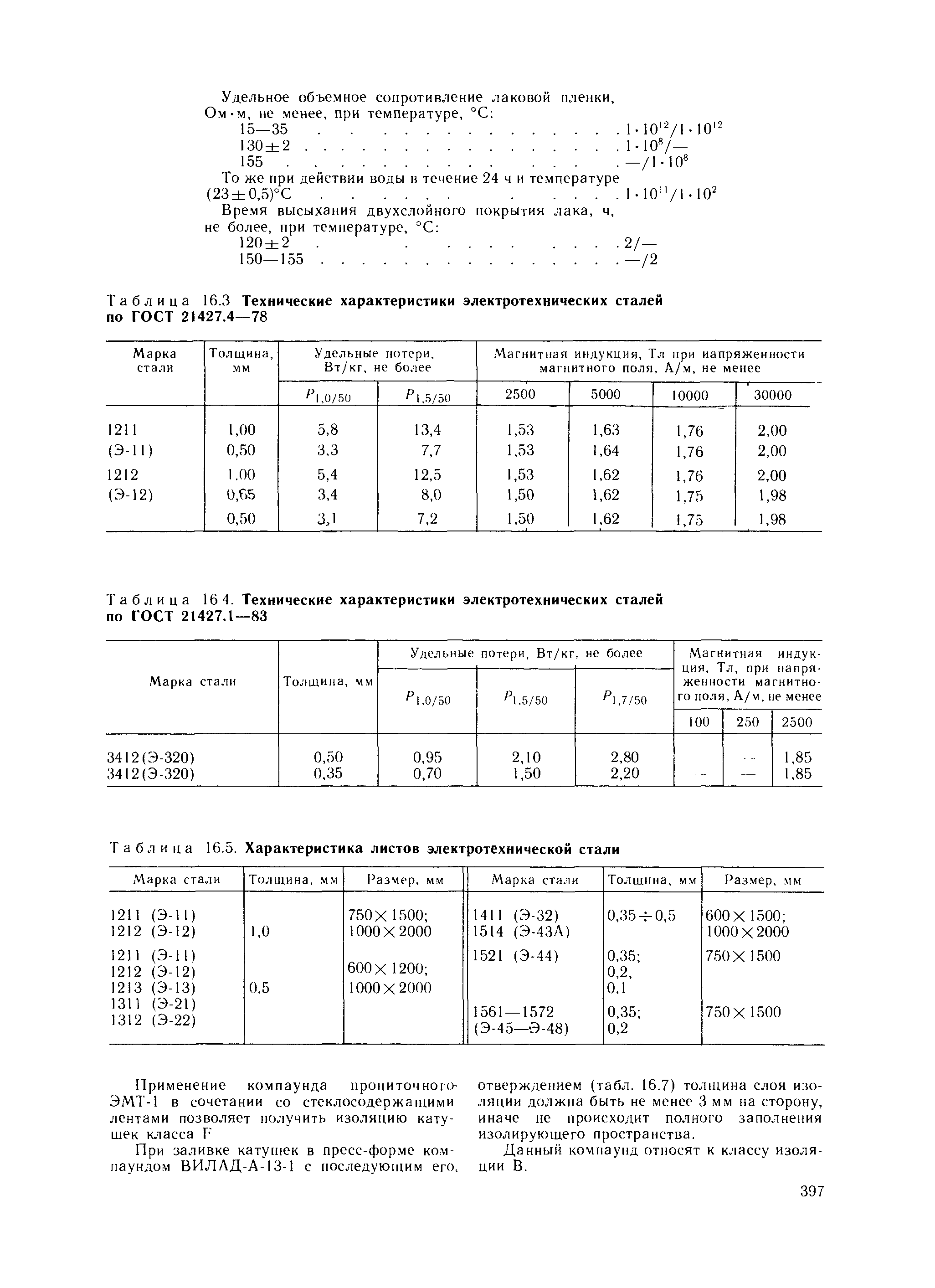 Таблица 16.3 Технические характеристики электротехнических сталей по ГОСТ 21427.4—78
