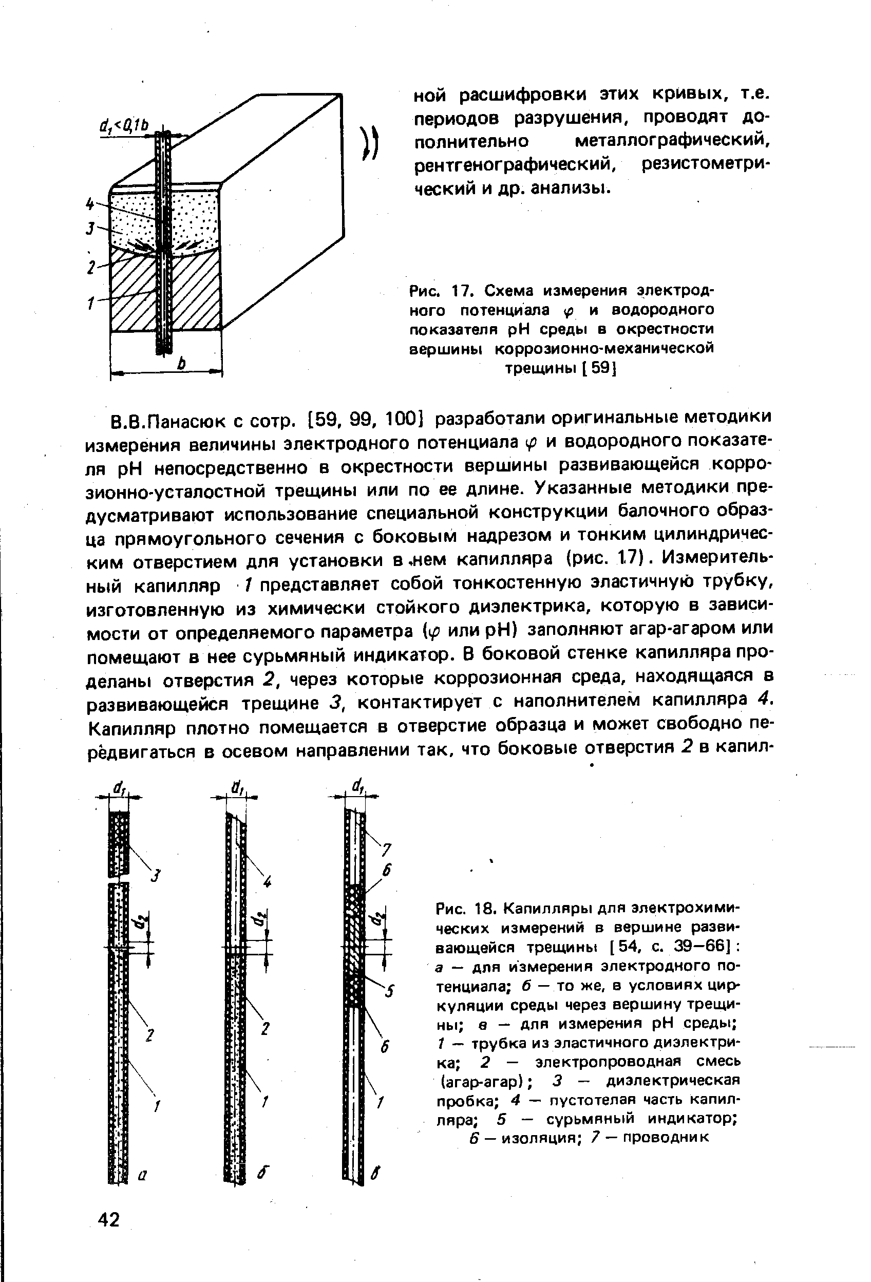 Рис. 18. Капиллпры для электрохимических измерений в вершине развивающейся трещины [ 54, с. 39—66] а — для <a href="/info/493739">измерения электродного потенциала</a> б — то же, в условиях циркуляции среды <a href="/info/307588">через вершину</a> трещины в — для измерения pH среды 1 — трубка из эластичного диэлектрика 2 — электропроводная смесь (<a href="/info/148754">агар-агар</a>) 3 — диэлектрическая пробка 4 — пустотелая часть капилляра 5 — сурьмяный индикатор 
