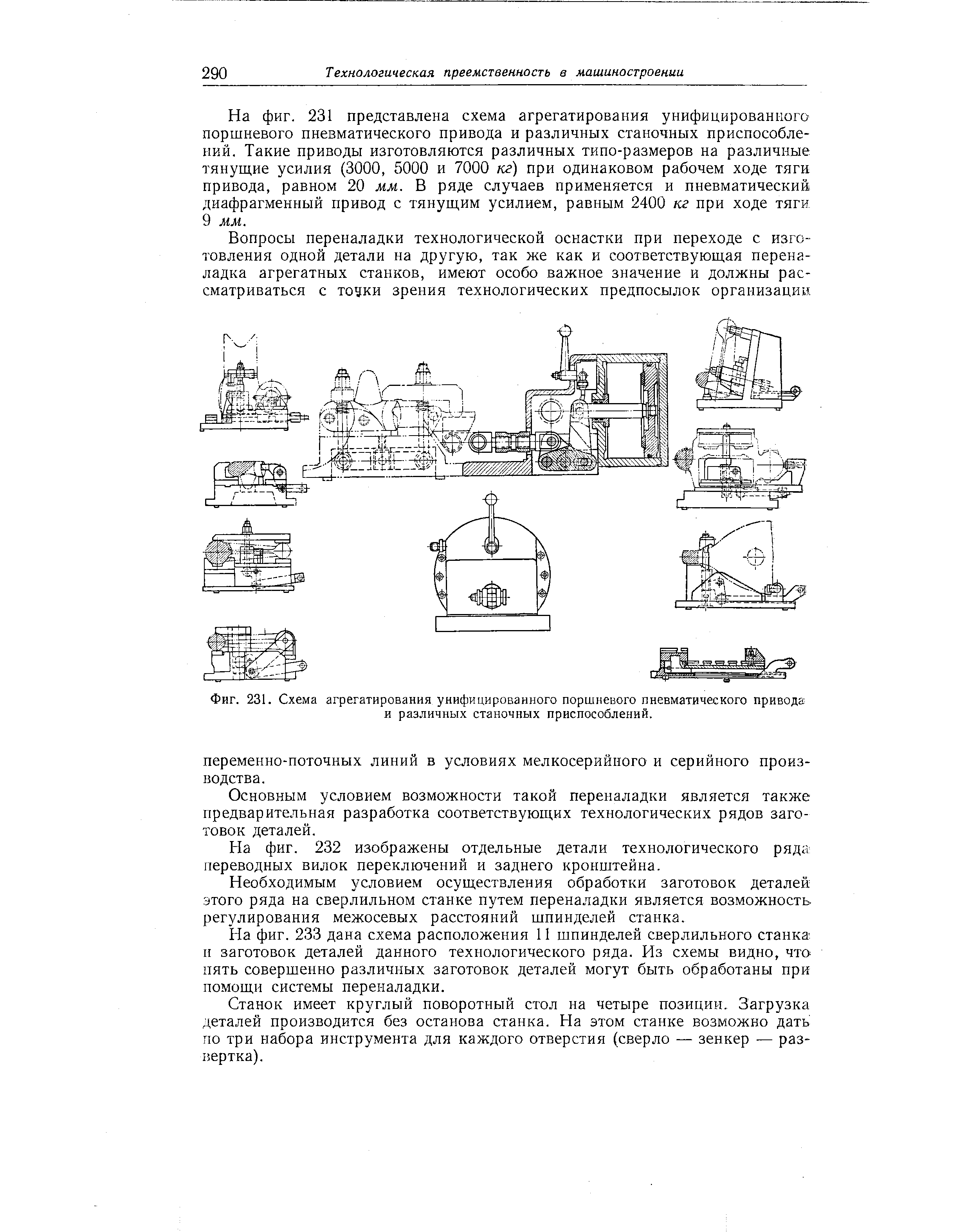 Фиг. 231. Схема агрегатирования унифицированного поршневого <a href="/info/4280">пневматического привода</a> и различных станочных приспособлений.
