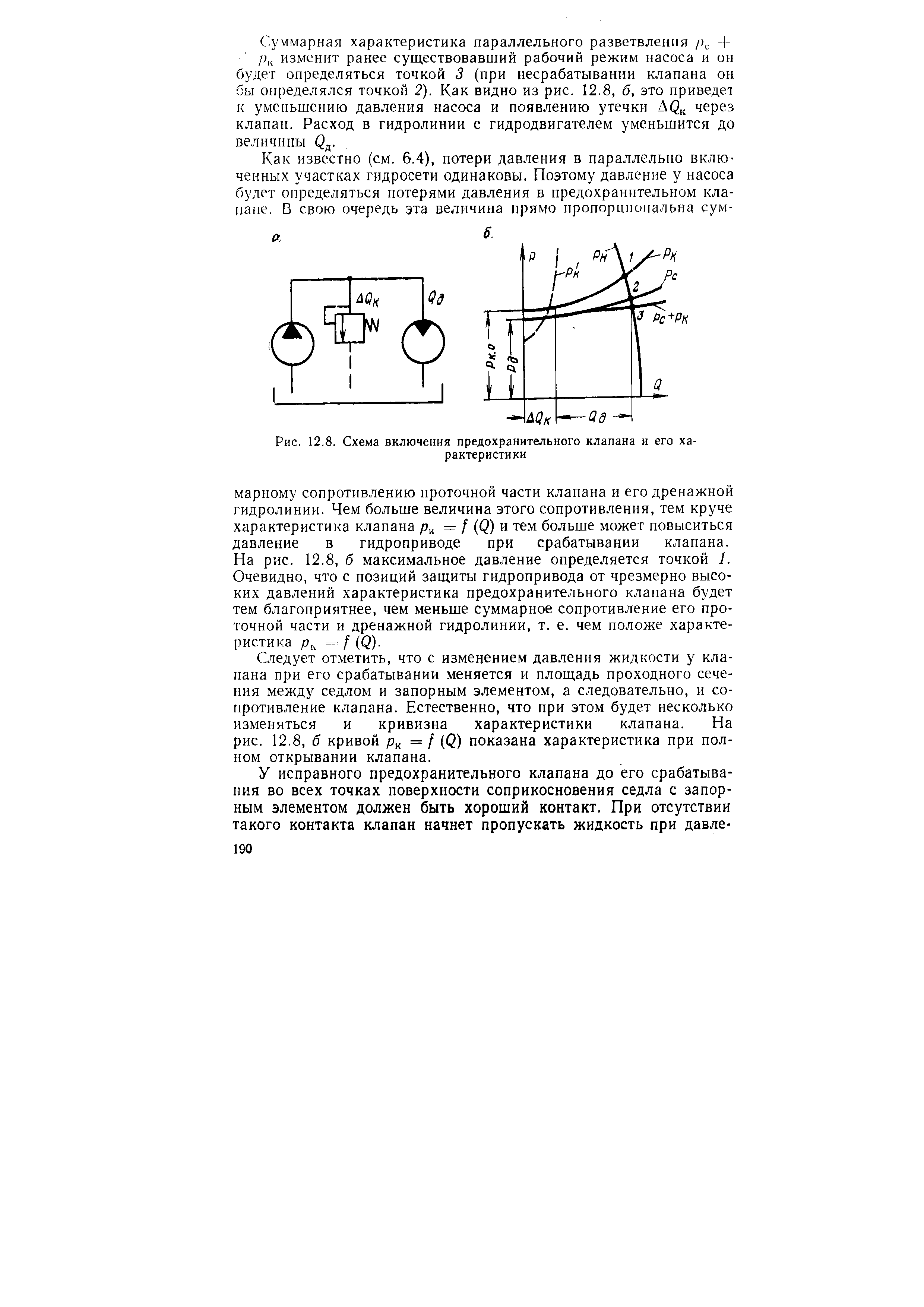 Рис. 12.8. Схема включения предохранительного клапана и его характеристики

