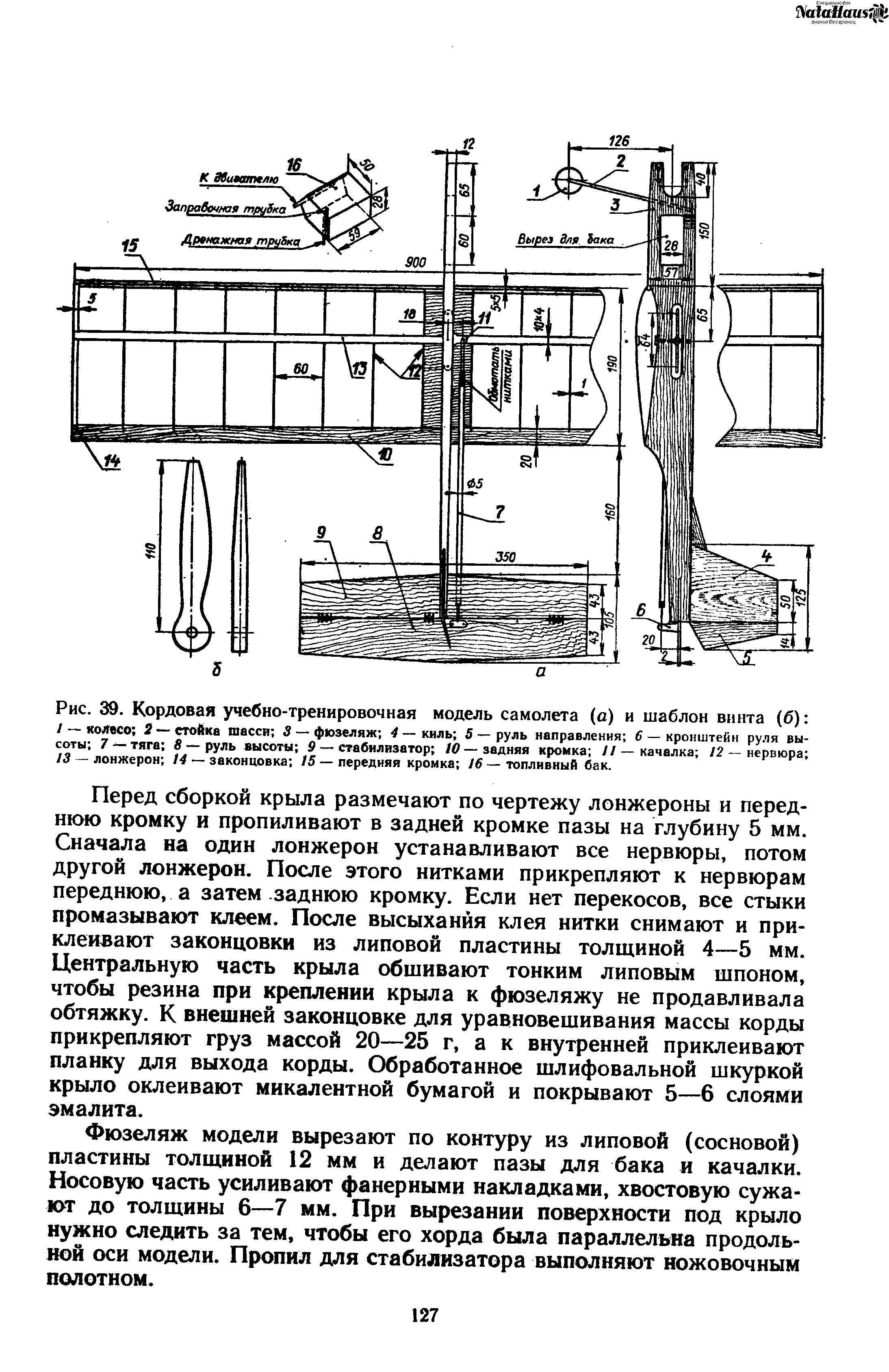Рис. 39. Кордовая учебно-тренировочная модель самолета (а) и шаблон винта (б) 
