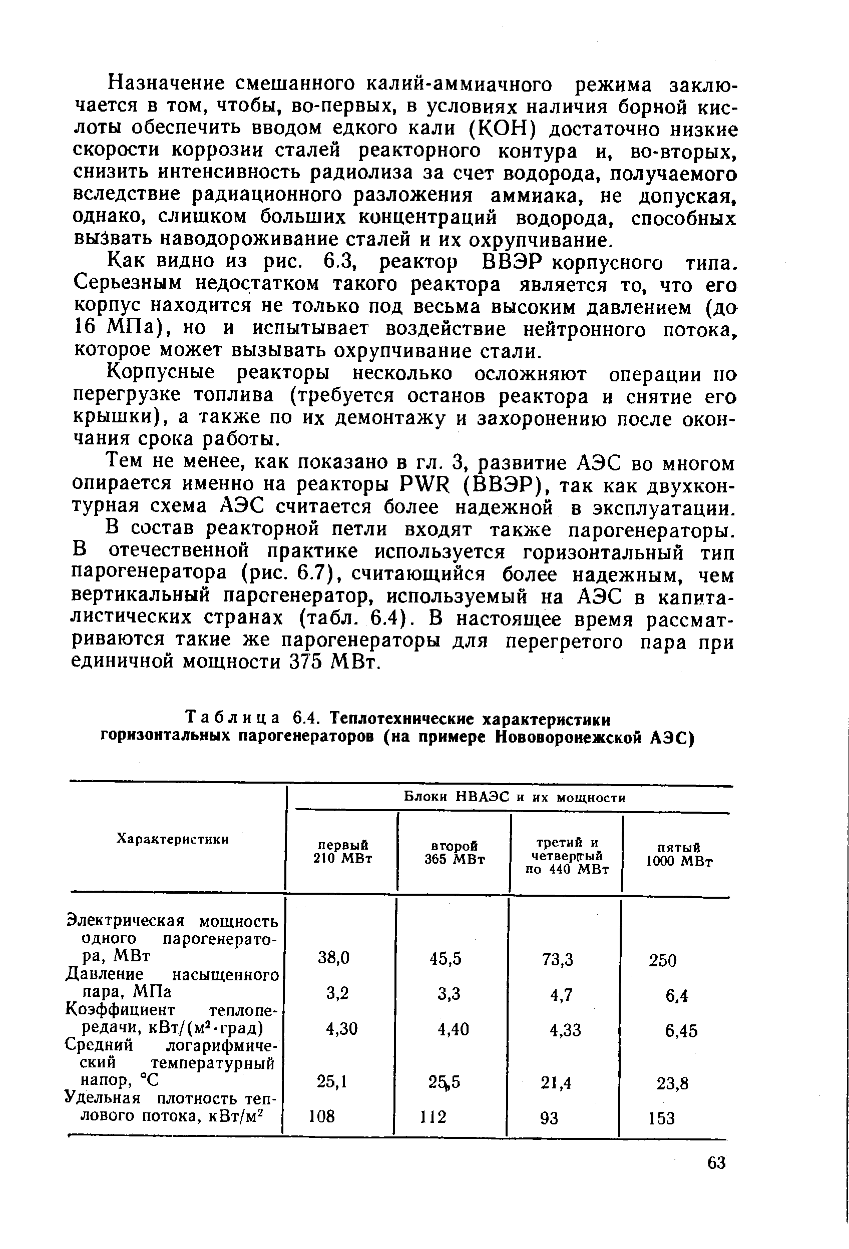 Таблица 6.4. Теплотехнические характеристики горизонтальных парогенераторов (на примере Нововоронежской АЭС)
