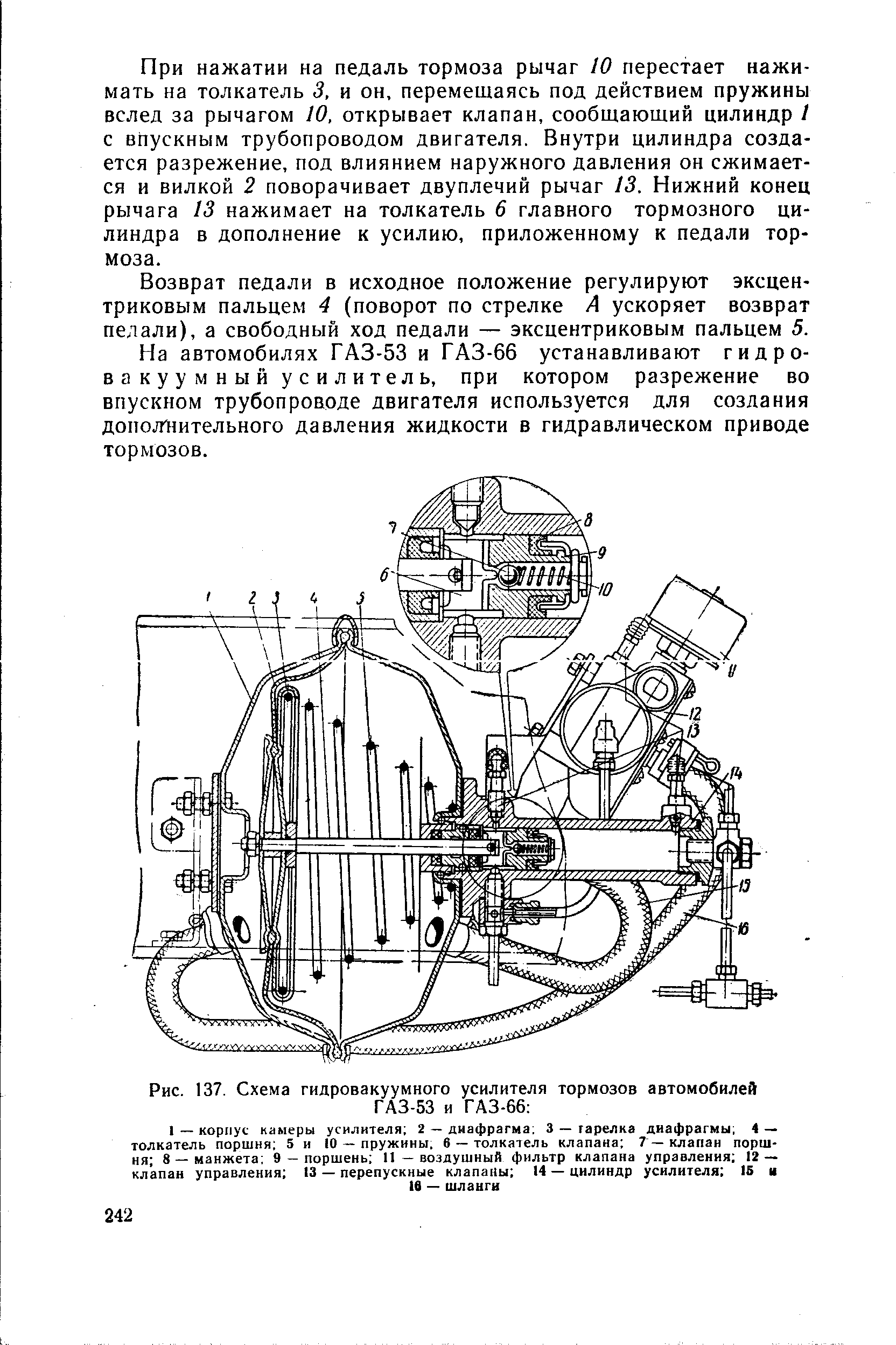Рис. 137. Схема гидровакуумного усилителя тормозов автомобилей ГАЗ-53 и ГАЗ-66 
