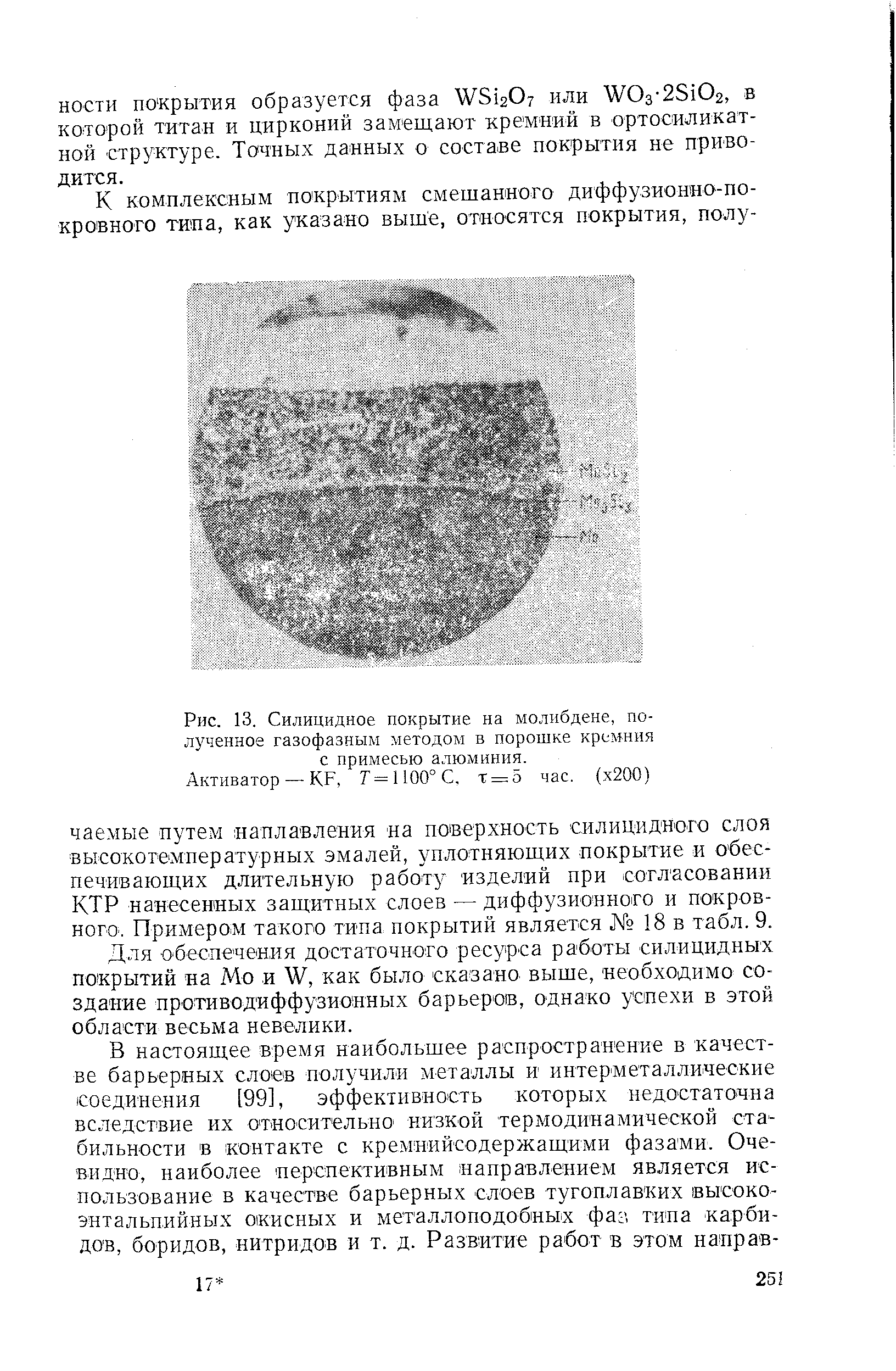 Рис. 13. <a href="/info/183761">Силицидное покрытие</a> на молибдене, полученное газофазным методом в порошке кремния с примесью алюминия.

