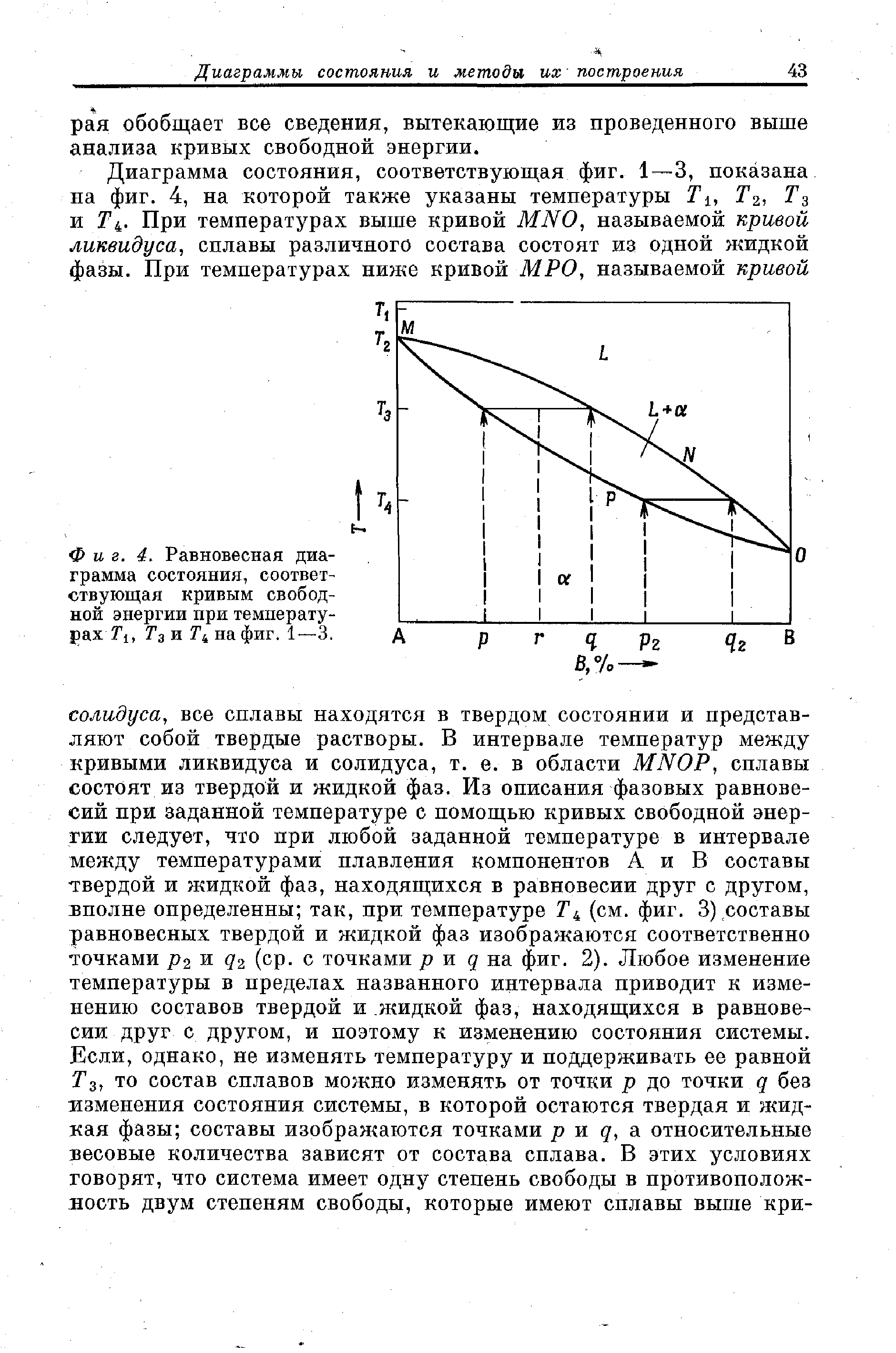 Фиг. 4. <a href="/info/111781">Равновесная диаграмма состояния</a>, соответствующая кривым свободной энергии при температу-рахTi, Гз и 74 на фиг. 1—3.

