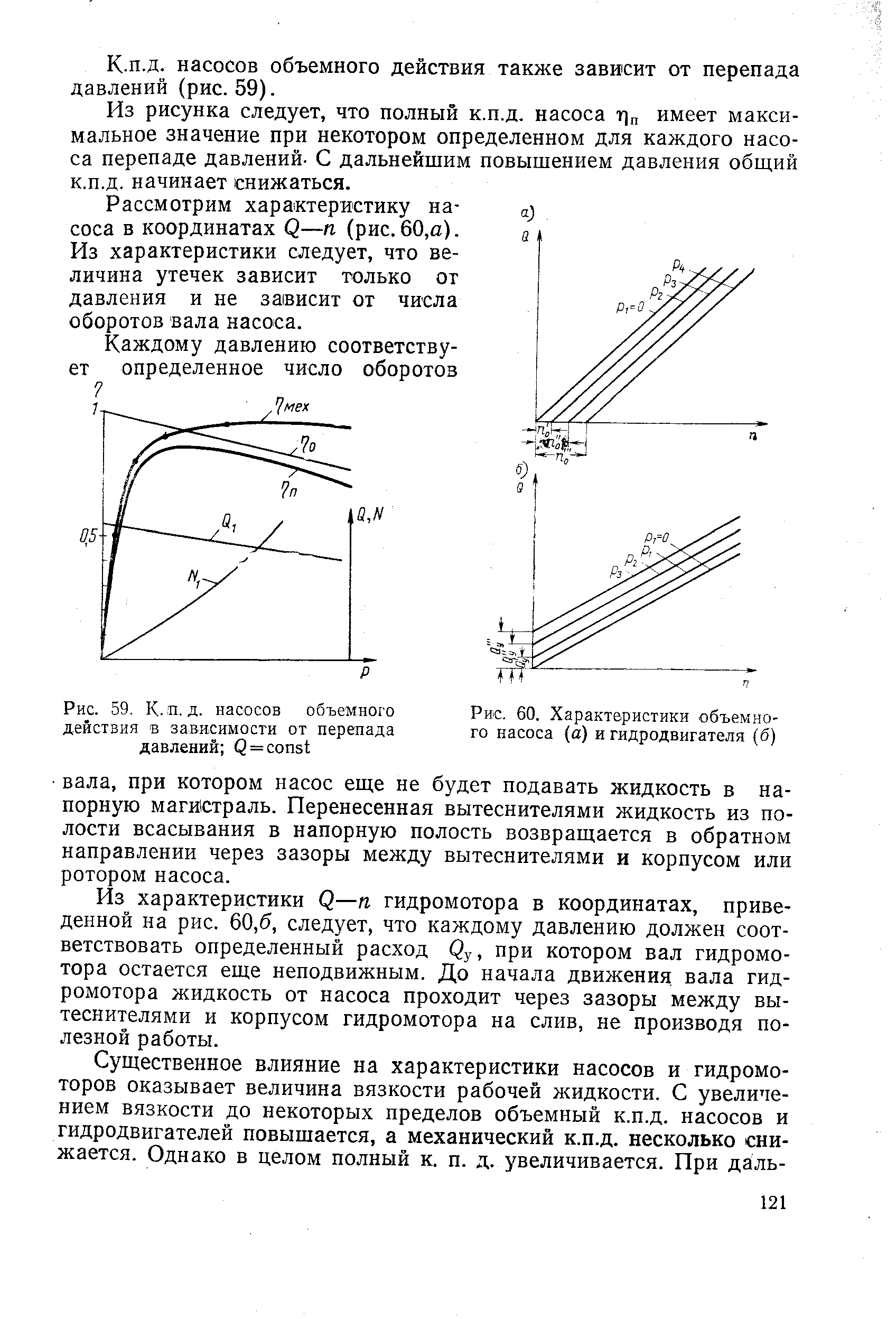 Рис. 60. Характеристики объемного насоса (а) и гидродвигателя (б)
